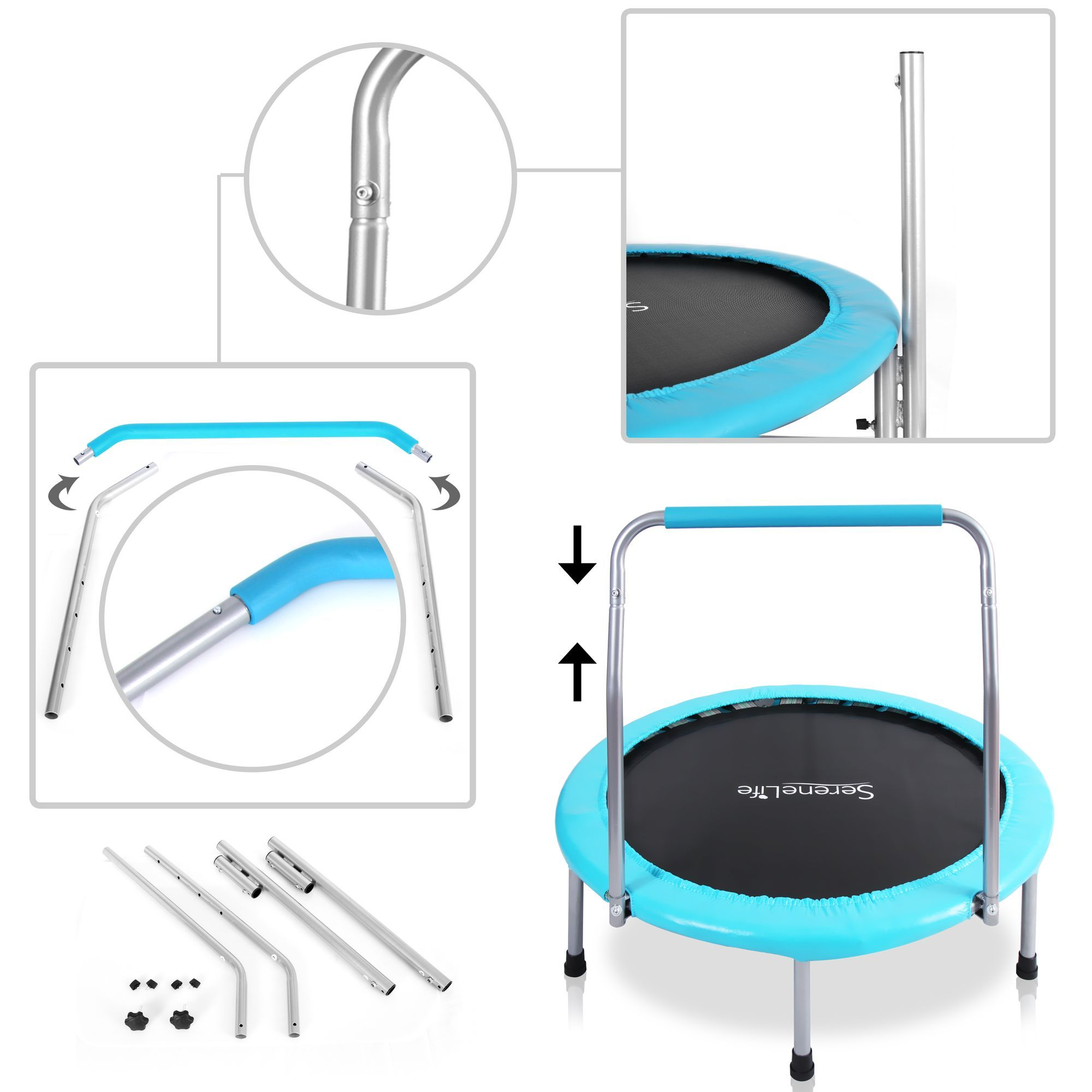 Serenelife Portable & Foldable Trampoline - 36” dia Springfree Rebounder Jumping Mat Safe for Kid w/ Padded Frame Cover and Handlebar and Carry Bag - SLELT367