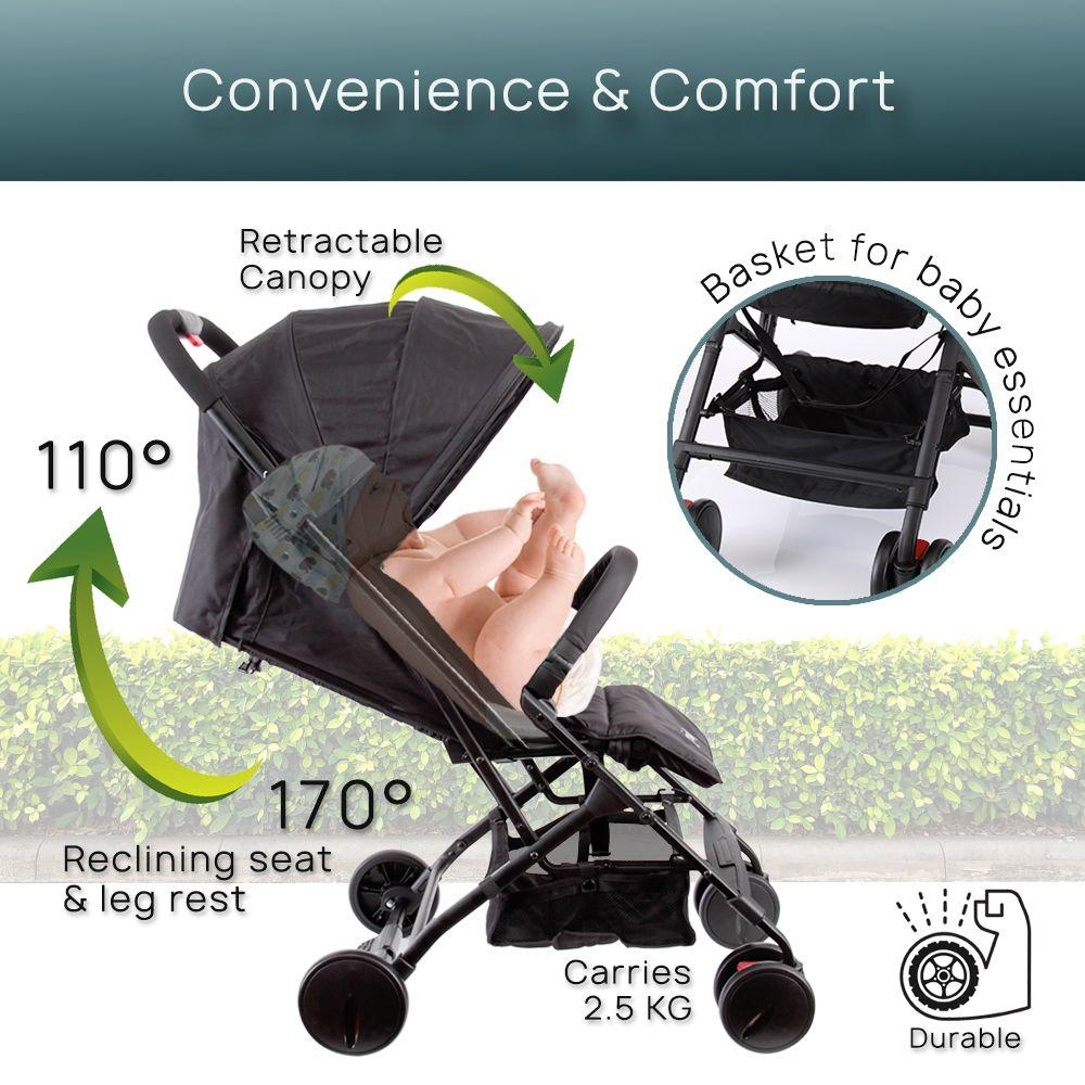 Upgraded Portable Lightweight Travel Stroller - Easy 1 Hand Foldable Compact Stroller, Adjustable Reclining Seat, World's Smallest Stroller to Fit in Small Cars Between The Seats by Jovial (Black)