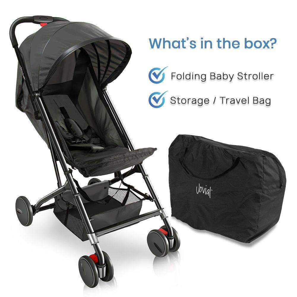Upgraded Portable Lightweight Travel Stroller - Easy 1 Hand Foldable Compact Stroller, Adjustable Reclining Seat, World's Smallest Stroller to Fit in Small Cars Between The Seats by Jovial (Black)