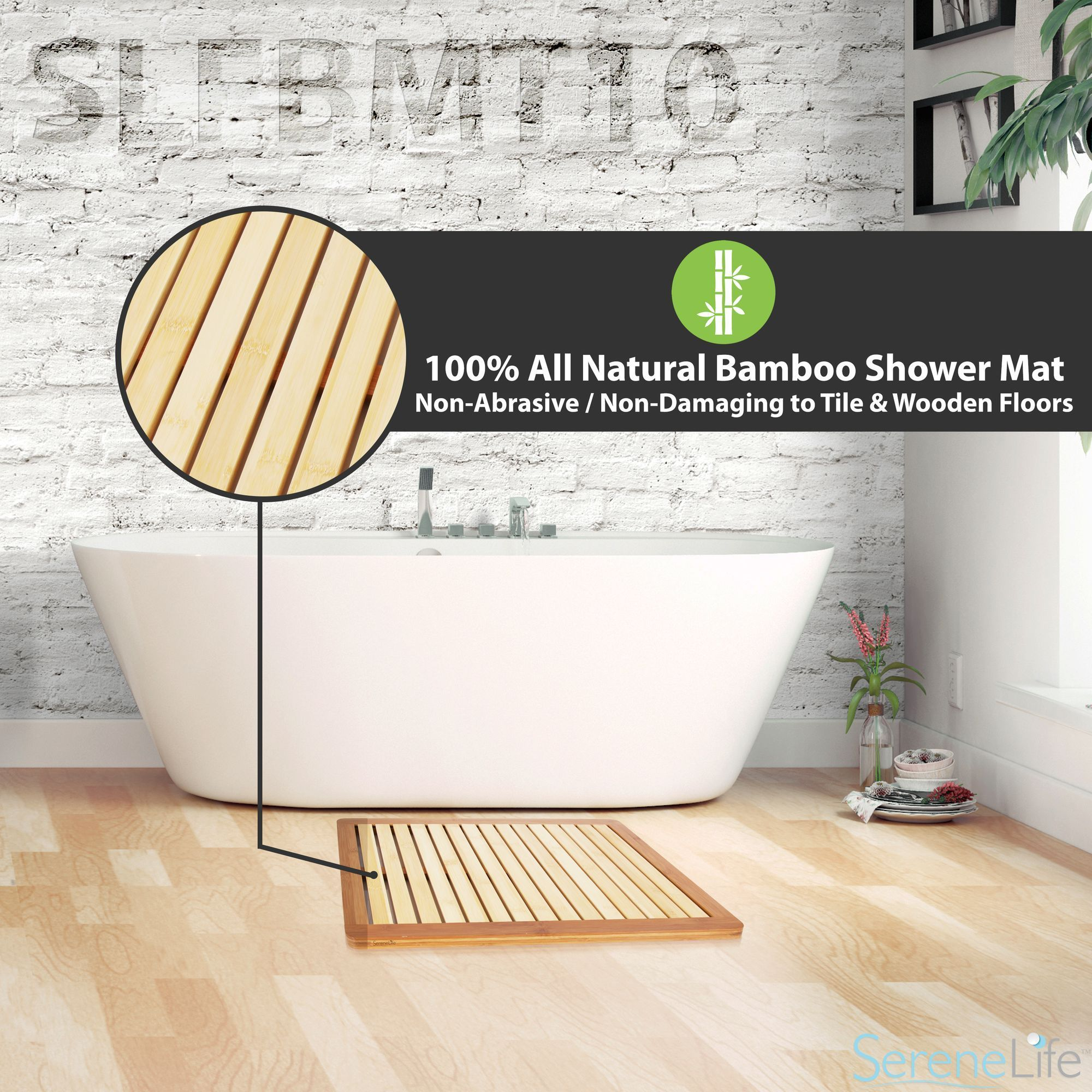 SereneLife Bamboo Bath Mat - Heavy Duty Natural Wood Bathroom or Shower Foot Floor Rug with Elevated Design for Water Evaporation and Non Slip Rubber for Indoor & Outdoor Use - SLFBMT10