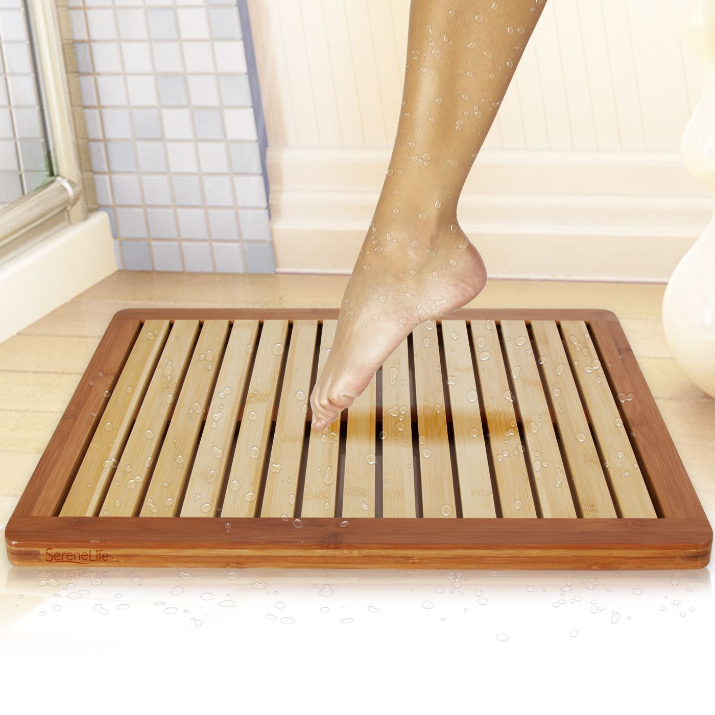 SereneLife Bamboo Bath Mat - Heavy Duty Natural Wood Bathroom or Shower Foot Floor Rug with Elevated Design for Water Evaporation and Non Slip Rubber for Indoor & Outdoor Use - SLFBMT10