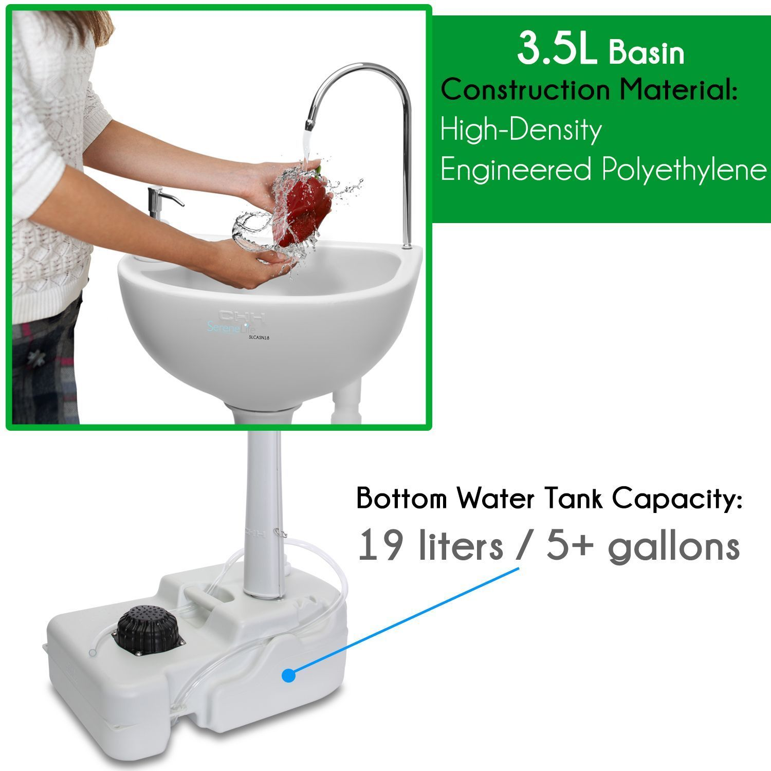 SereneLife Portable Camping Sink w/ Towel Holder & Soap Dispenser - 19L Water Capacity Hand Wash Basin Stand w/ Rolling Wheels - Perfect for Outdoor Events, Gatherings, Worksite & Camping - SLCASN18