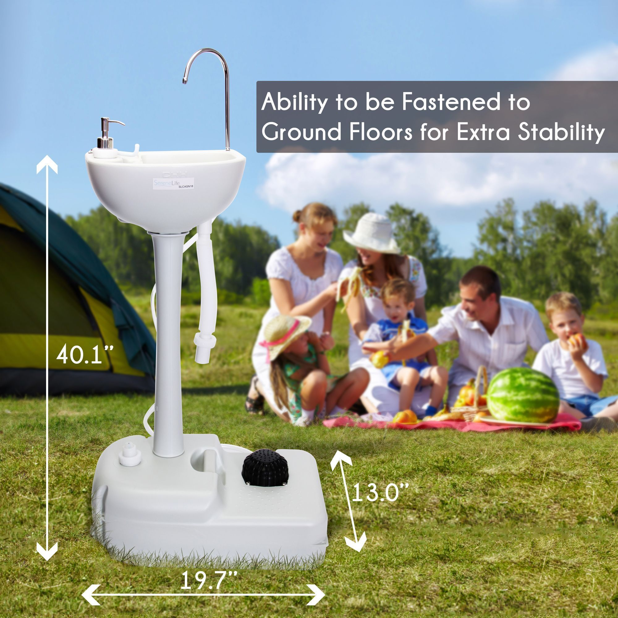 SereneLife Portable Camping Sink w/ Towel Holder & Soap Dispenser - 19L Water Capacity Hand Wash Basin Stand w/ Rolling Wheels - Perfect for Outdoor Events, Gatherings, Worksite & Camping - SLCASN18