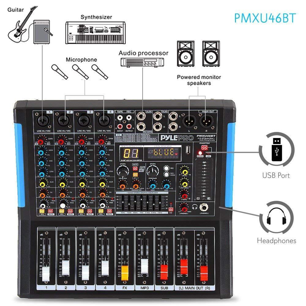 Pyle 4-Ch Bluetooth Mixer, USB, XLR, 48V Power, PC Recording, Pro/Beginner