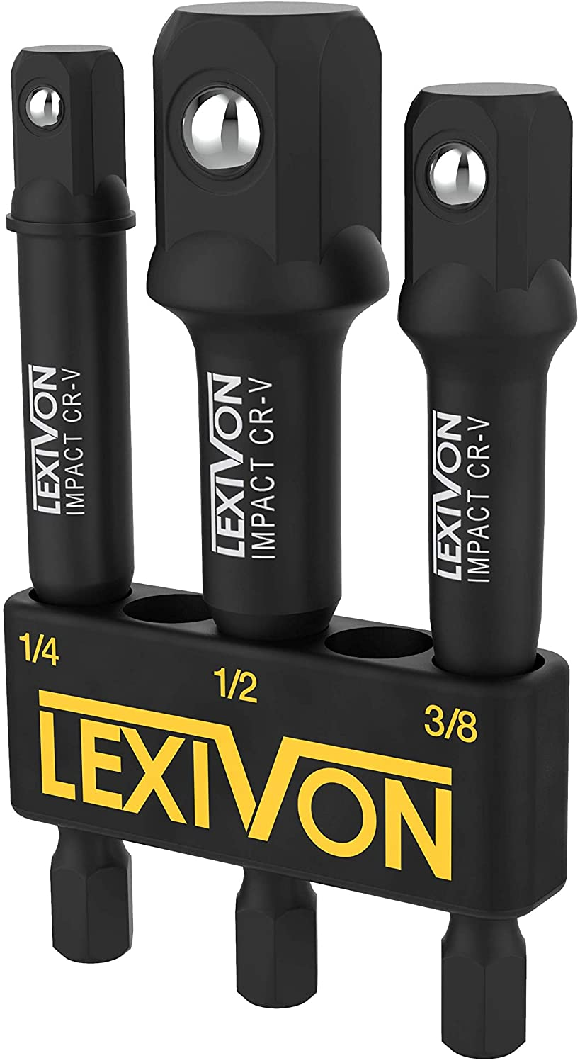 Lexivon Impact Grade Socket Adapter 3-Piece Set, 3" Extension Bit with Holder, 1/4", 3/8", 1/2" Drive (LX-101)