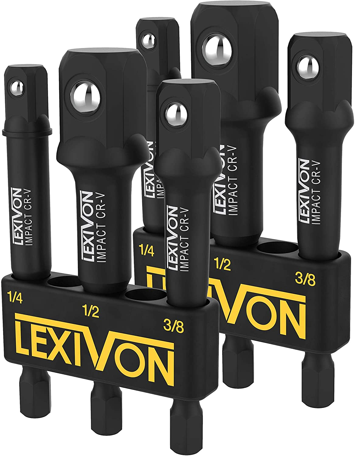 Lexivon Impact Grade Socket Adapter 3-Piece Set, 3" Extension Bit With Holder, 1/4", 3/8", 1/2" Drive - 2 Pack (LX-101X2)