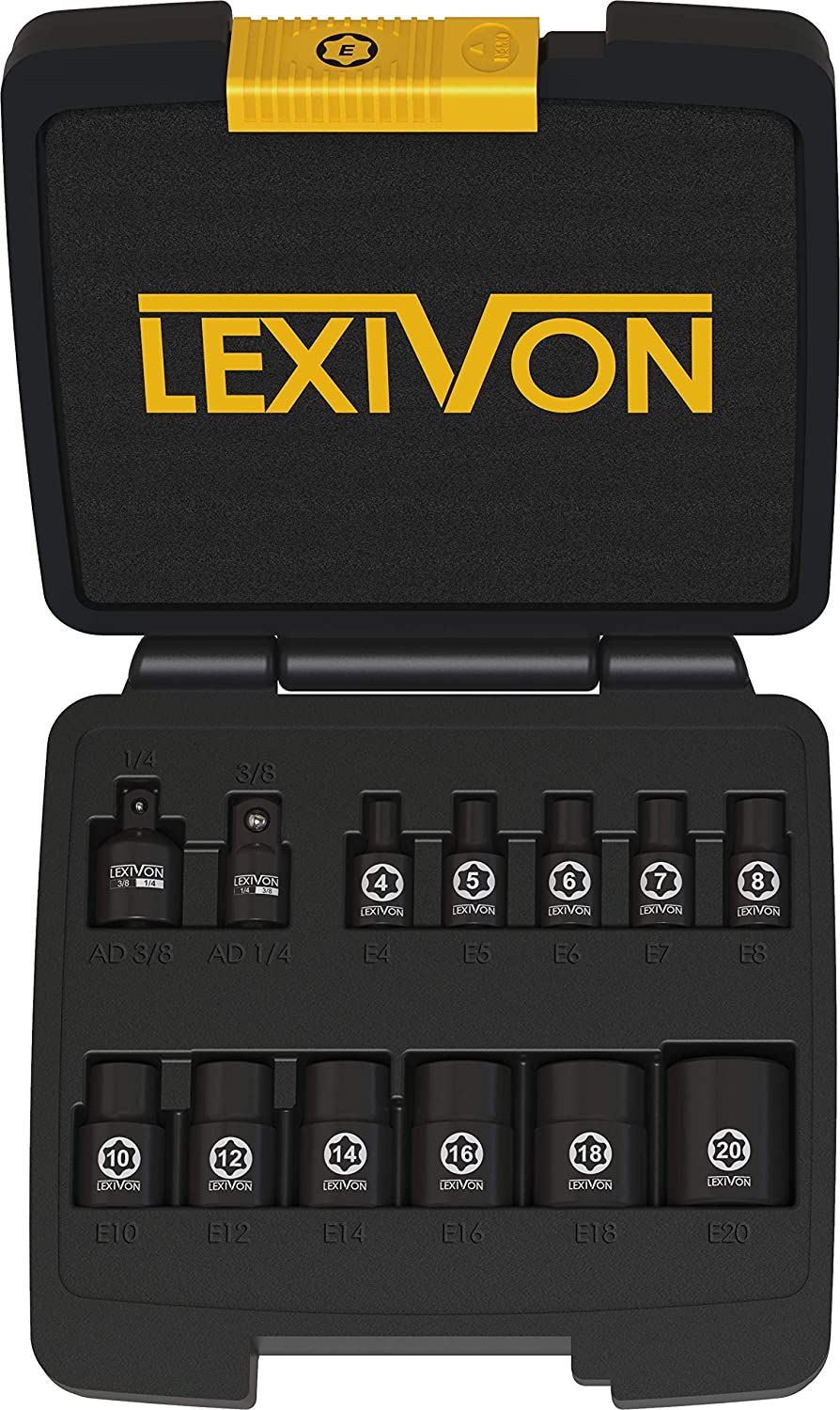 Lexivon E-TORX Socket 13-Piece Set, Chrome Vanadium Alloy Steel, Female Star Socket E4 - E20, Enhanced Storage Case (LX-147)