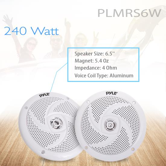 Pyle Pair Of 6.5'' IP44 Waterproof Stereo Speakers, Slim Style, Boats, Off-Road Vehicles  (PLMRS6W)