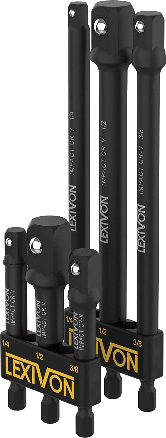 Lexivon Impact Socket Adaptor 6pc Set, 3", 6" Extension Bit, 1/3", 3/8", 1/2" Power Drill to Torque Impact Wrench (LX-105)