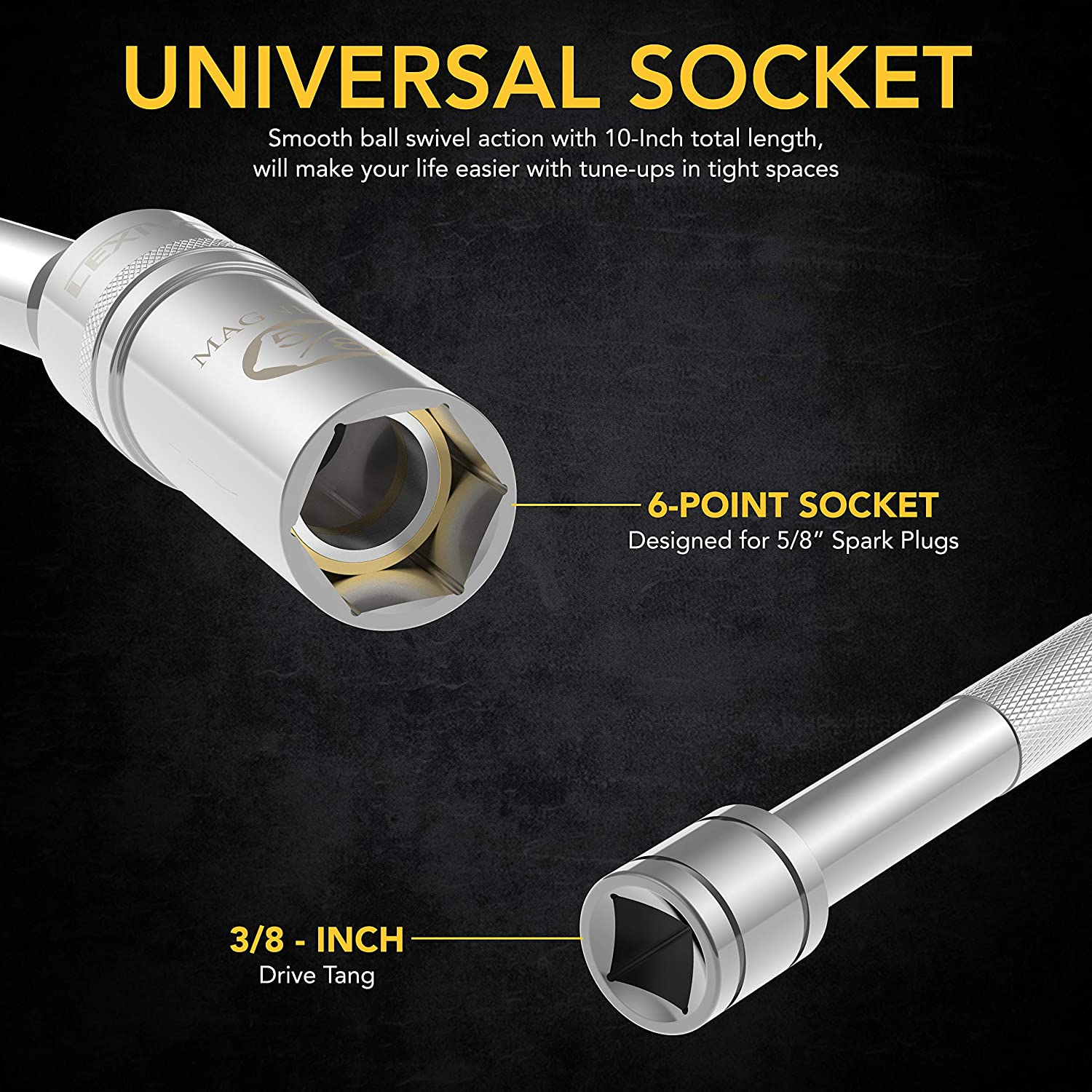 Lexivon 5/8" Swivel Magnetic Spark Plug Socket, 3/8" x 10" Drive, Thin Wall Socket, Cr-v Steel (LX-122)