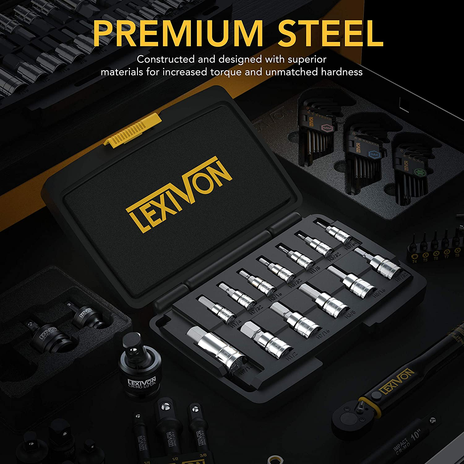 LEXIVON HEX Bit Socket Set, Premium S2 Alloy Steel | 13-Piece SAE 5/64" - 9/16" Set | Enhanced Storage Case (LX-142)