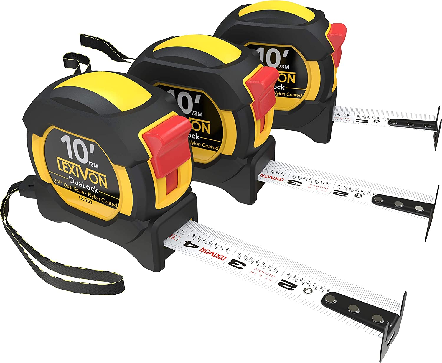 LEXIVON [3-Pack] 10Ft/3m DuaLock Tape Measure | 3/4-Inch Wide Blade With Nylon Coating, Matte Finish White & Yellow Dual Sided Rule Print | Ft/Inch/Fractions/Metric (LX-203)