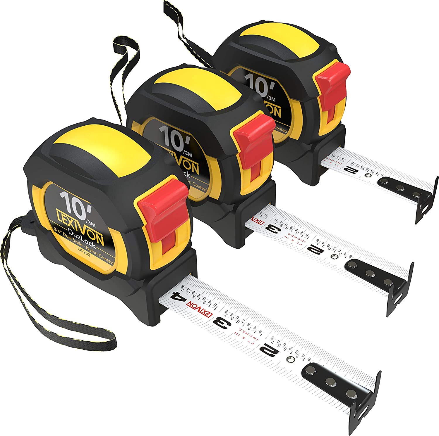 LEXIVON [3-Pack] 10Ft/3m DuaLock Tape Measure | 3/4-Inch Wide Blade With Nylon Coating, Matte Finish White & Yellow Dual Sided Rule Print | Ft/Inch/Fractions/Metric (LX-203)