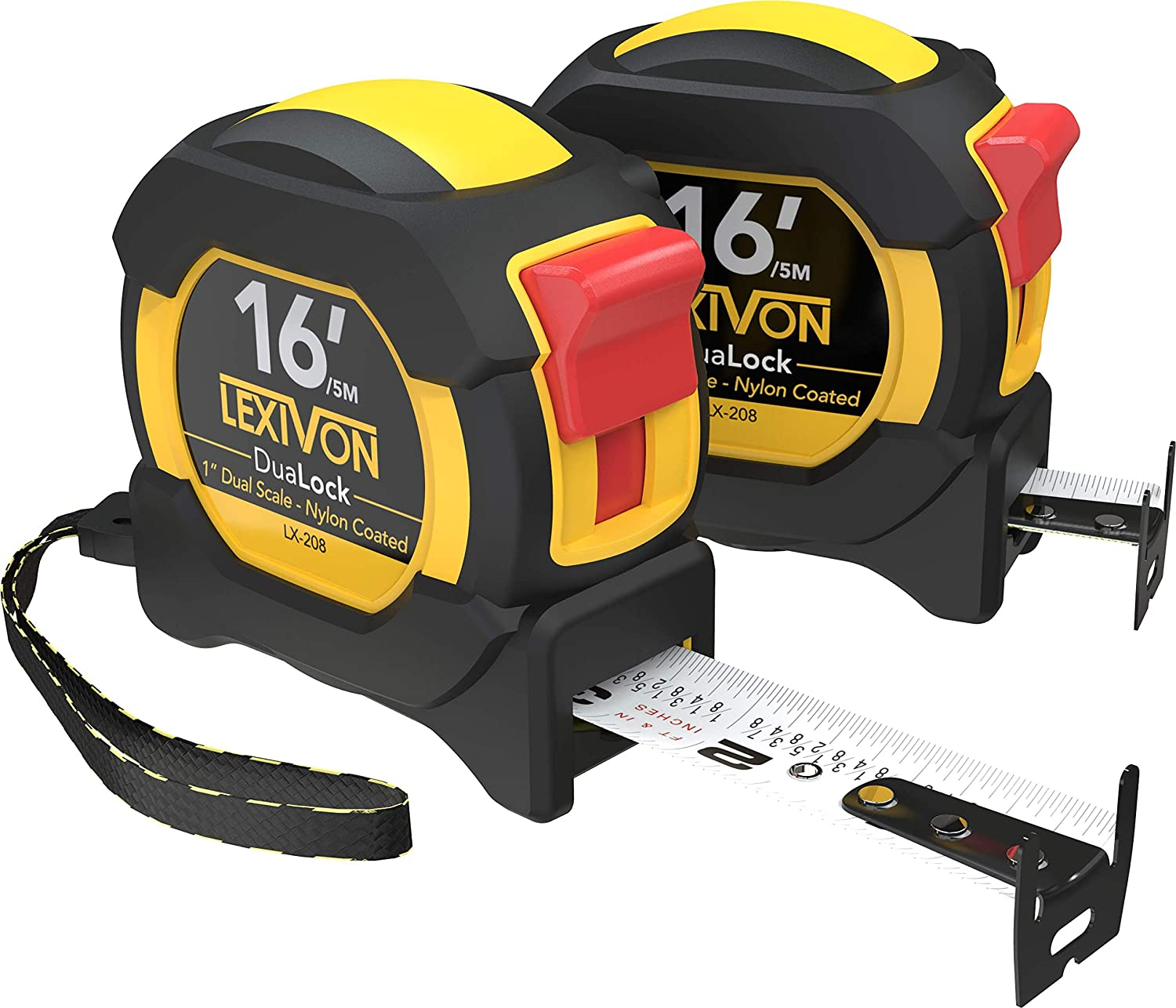 LEXIVON [2-Pack] 16Ft/5m DuaLock Tape Measure | 1-Inch Wide Blade with Nylon Coating, Matt Finish White & Yellow Dual Sided Rule Print | Ft/Inch/Fractions/Metric (LX-208)