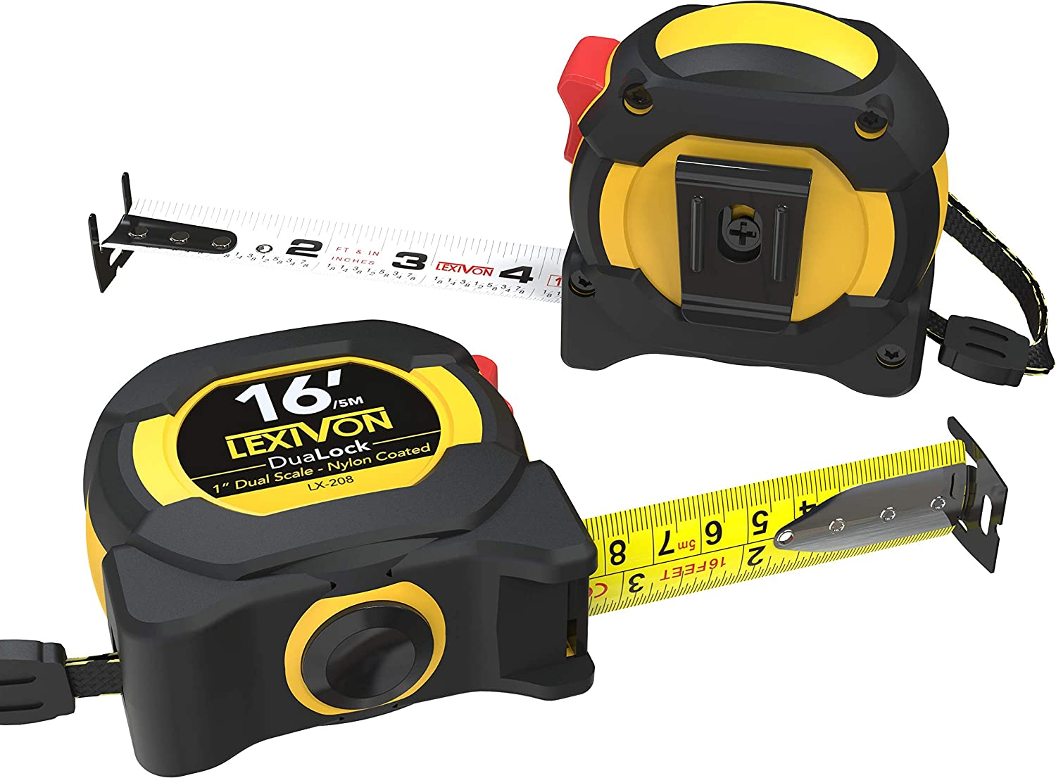 LEXIVON [2-Pack] 16Ft/5m DuaLock Tape Measure | 1-Inch Wide Blade with Nylon Coating, Matt Finish White & Yellow Dual Sided Rule Print | Ft/Inch/Fractions/Metric (LX-208)