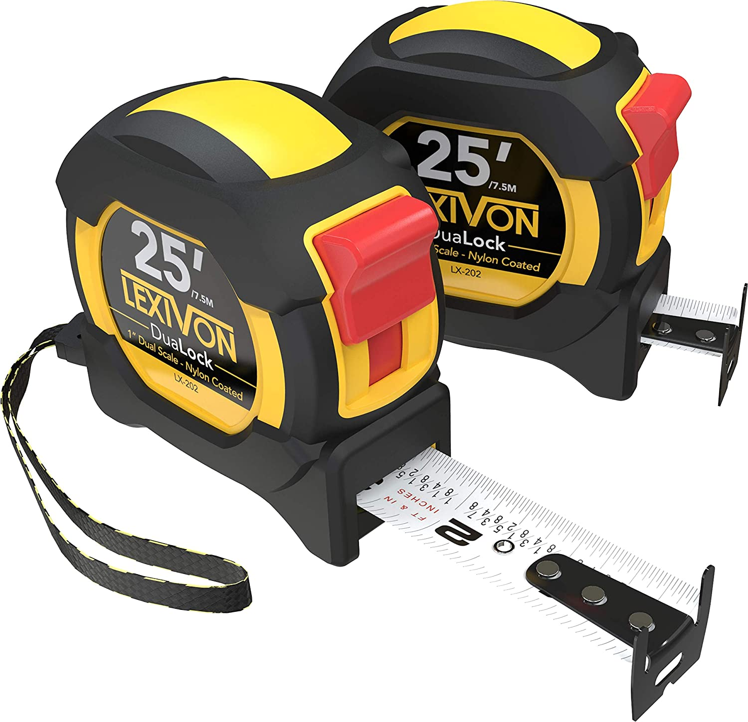 LEXIVON [2-Pack] 25Ft/7.5m DuaLock Tape Measure | 1-Inch Wide Blade with Nylon Coating, Matt Finish White & Yellow Dual Sided Rule Print | Ft/Inch/Fractions/Metric (LX-202)