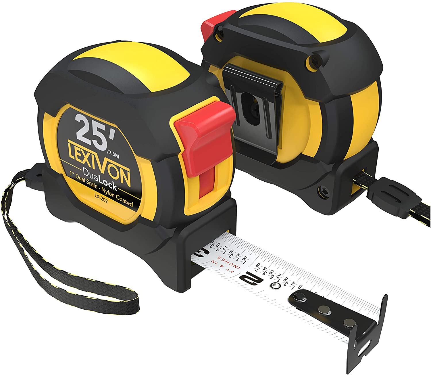 LEXIVON [2-Pack] 25Ft/7.5m DuaLock Tape Measure | 1-Inch Wide Blade with Nylon Coating, Matt Finish White & Yellow Dual Sided Rule Print | Ft/Inch/Fractions/Metric (LX-202)