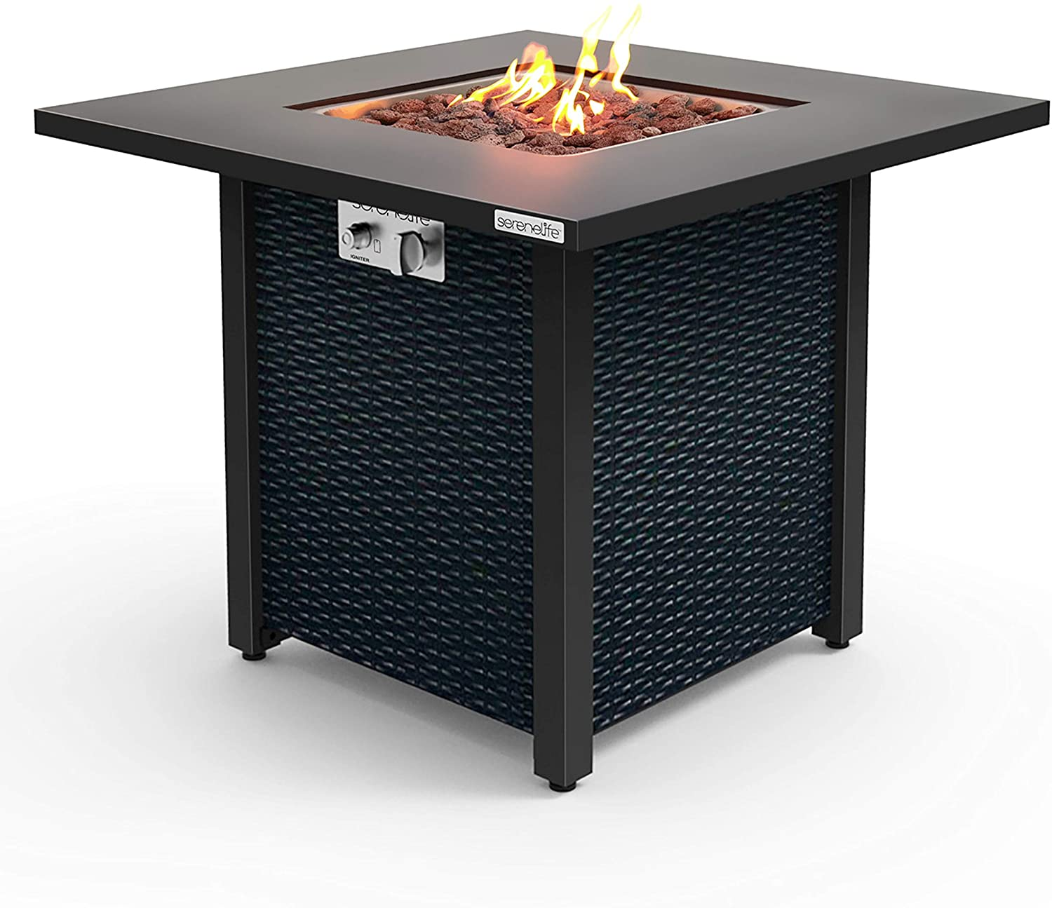 Outdoor Propane Fire Pit Table - CSA Approved Safe 40,000 BTU Pulse Ignition Propane Gas Fire Table - Steel Tabletop, Rattan-Look Steel Panel, 6.6 Lbs Decorative Lave Rock Set - SereneLife SLFPS3.