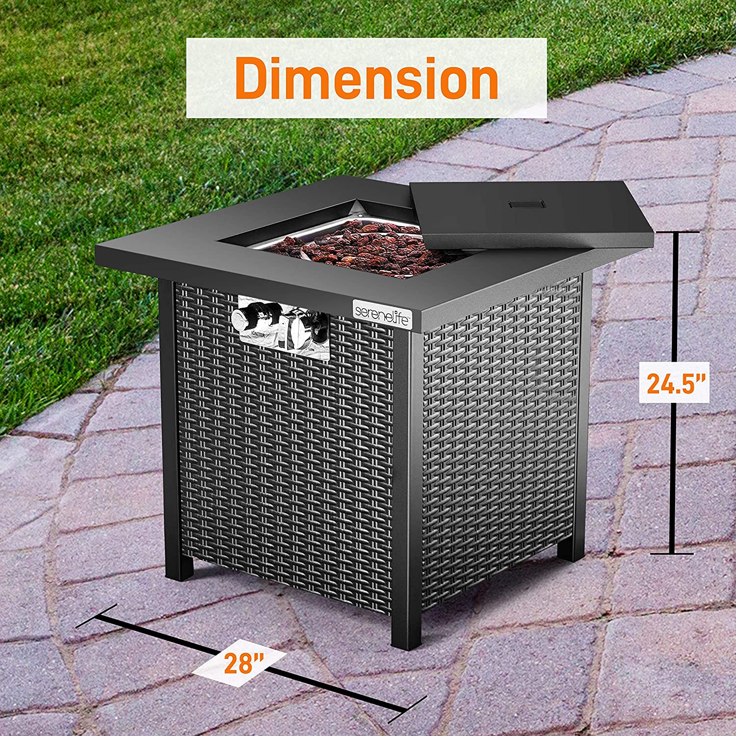 Outdoor Propane Fire Pit Table - CSA Approved Safe 40,000 BTU Pulse Ignition Propane Gas Fire Table - Steel Tabletop, Rattan-Look Steel Panel, 6.6 Lbs Decorative Lave Rock Set - SereneLife SLFPS3.