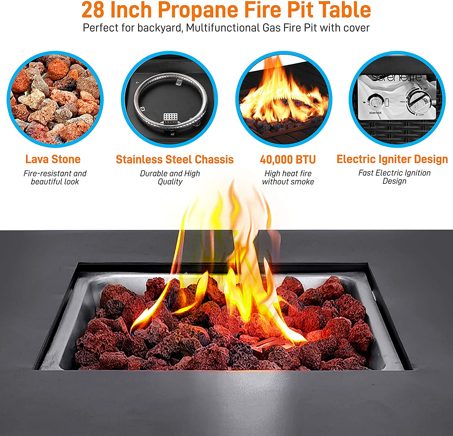 Outdoor Propane Fire Pit Table - CSA Approved Safe 40,000 BTU Pulse Ignition Propane Gas Fire Table - Steel Tabletop, Rattan-Look Steel Panel, 6.6 Lbs Decorative Lave Rock Set - SereneLife SLFPS3.