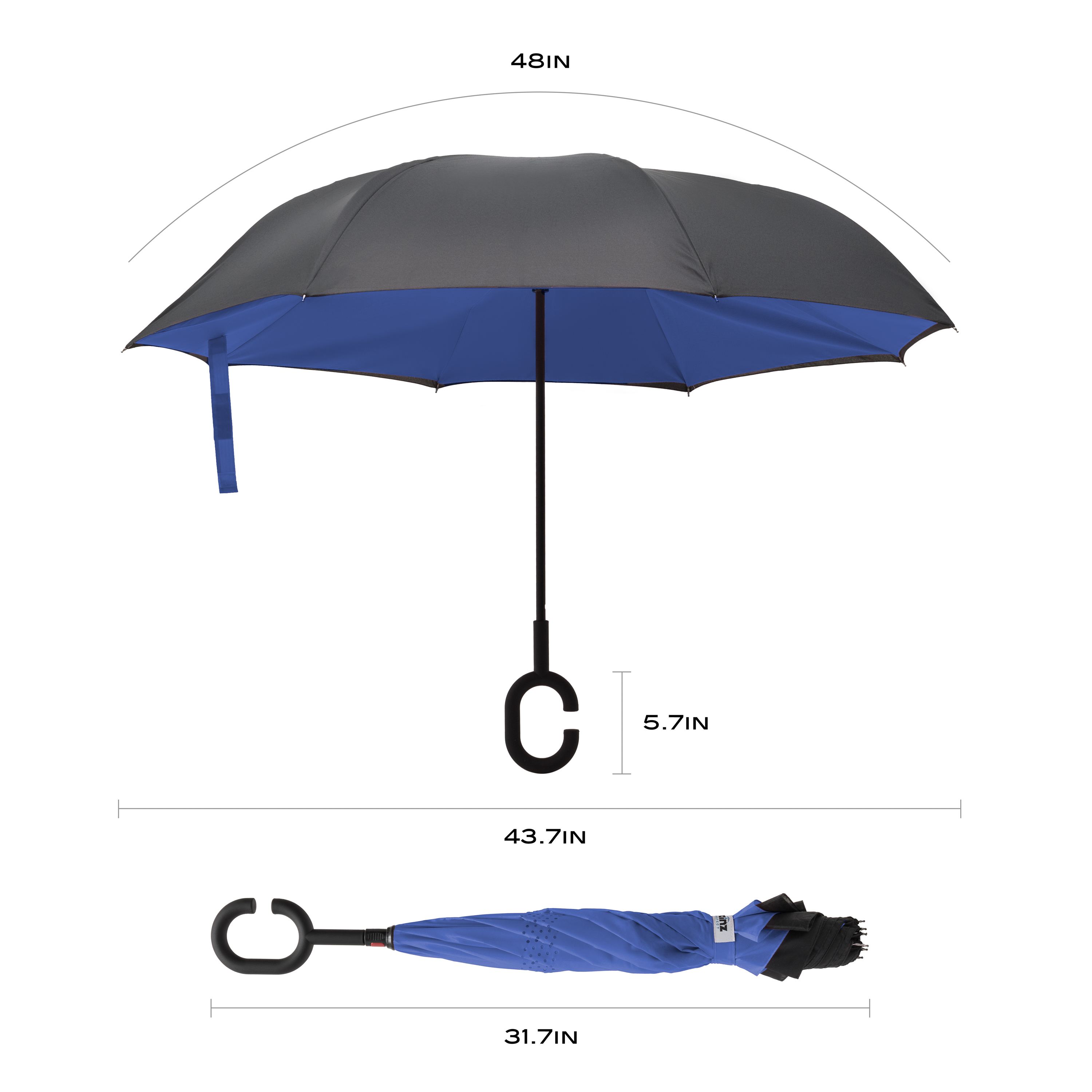 Rainz Inverted Umbrella, Reversible and Windproof, Water Repelent, Invert Folding, C-Shaped Handle