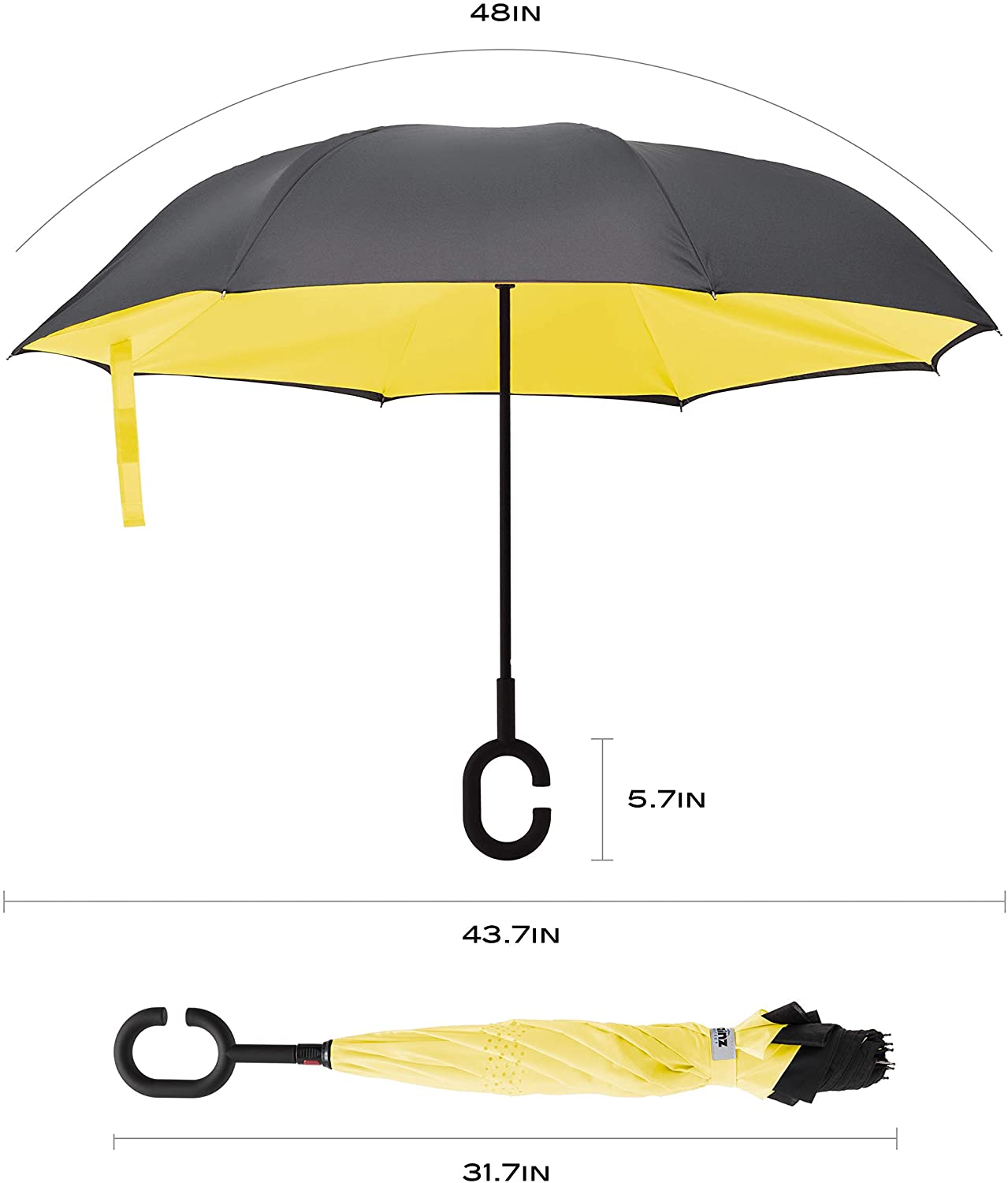Rainz Inverted Umbrella, Reversible and Windproof, Water Repelent, Invert Folding, C-Shaped Handle