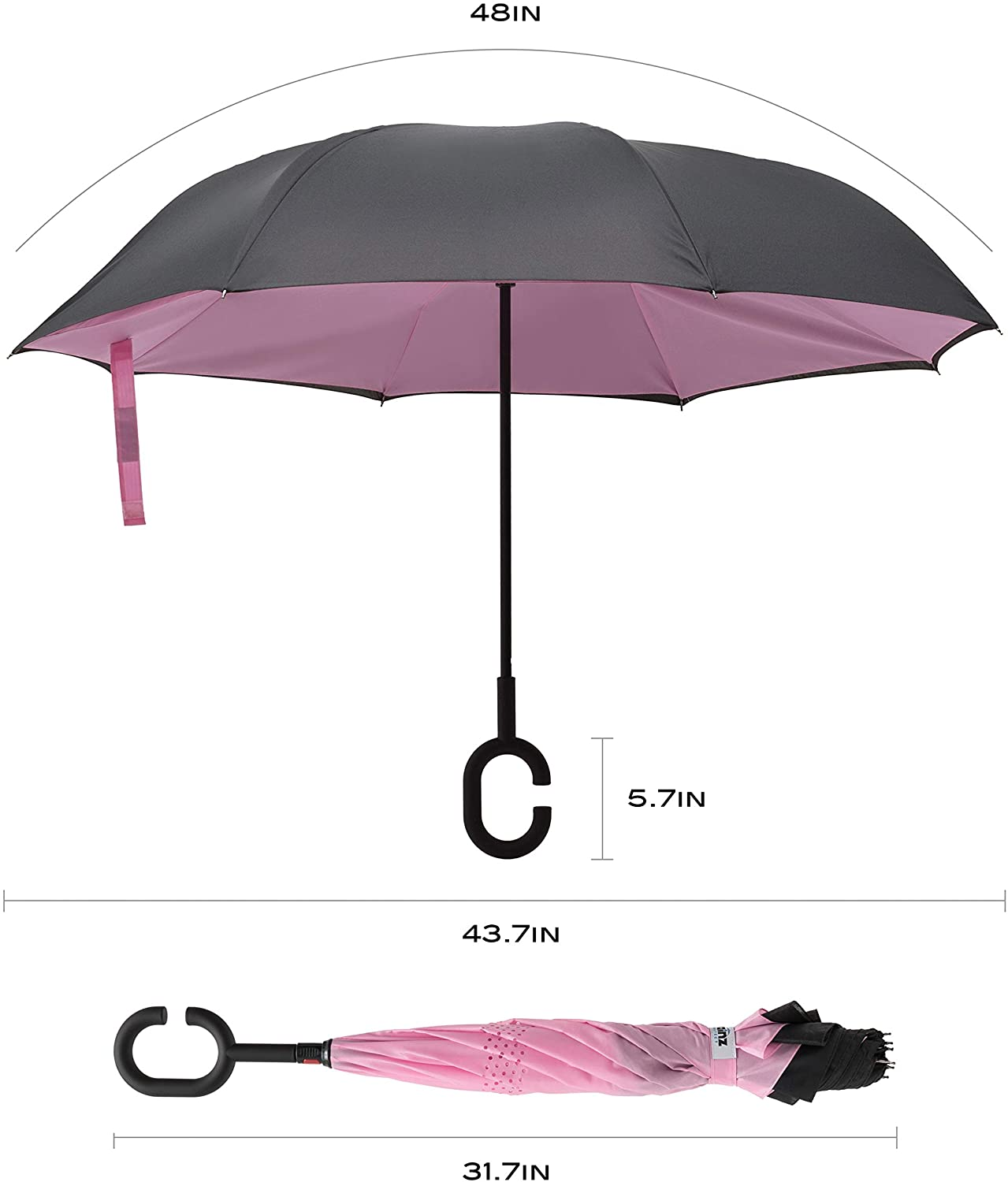 Rainz Inverted Umbrella, Reversible and Windproof, Water Repelent, Invert Folding, C-Shaped Handle