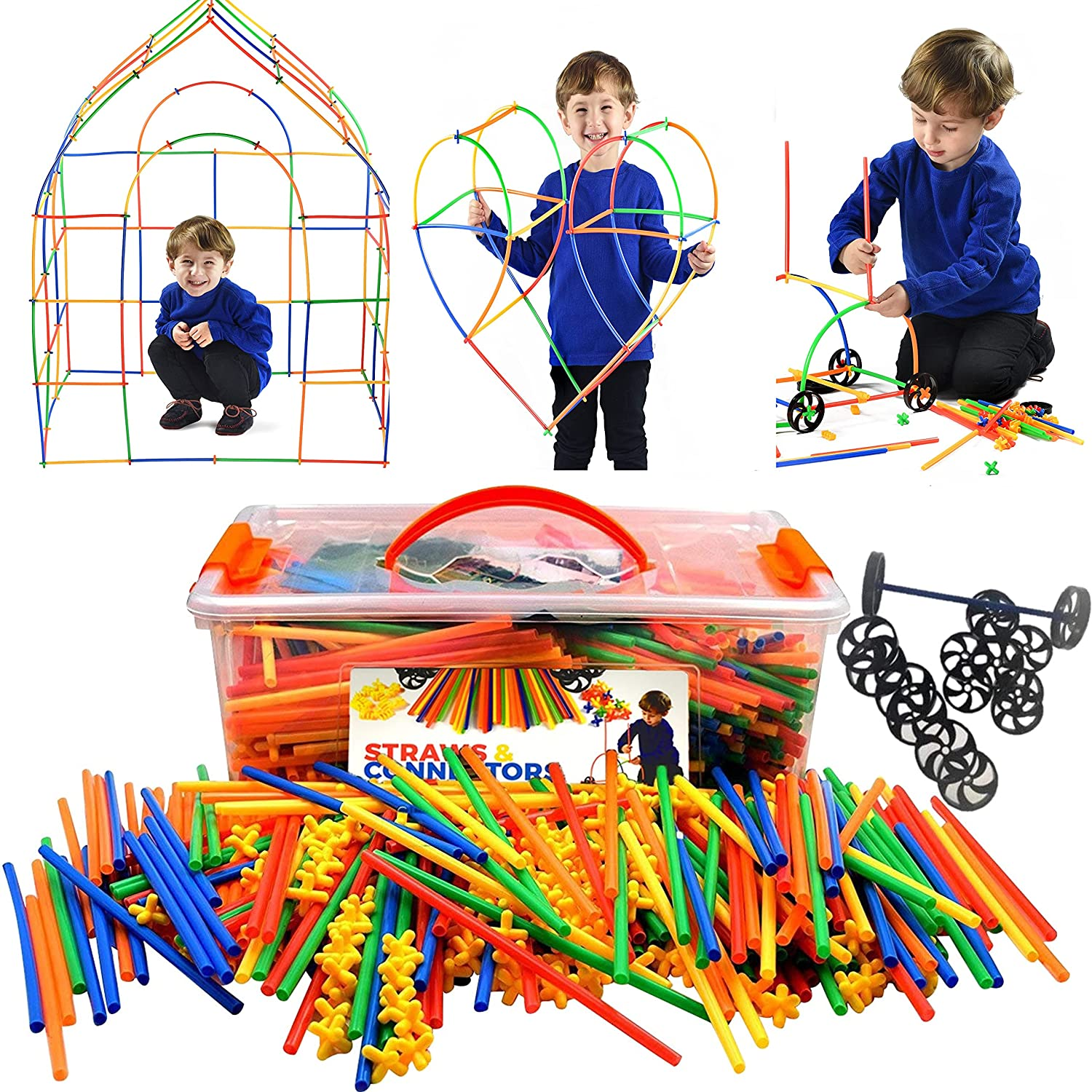 300 Piece Straws Builders Construction Building Toy with Wheels - with Special Colored Connectors