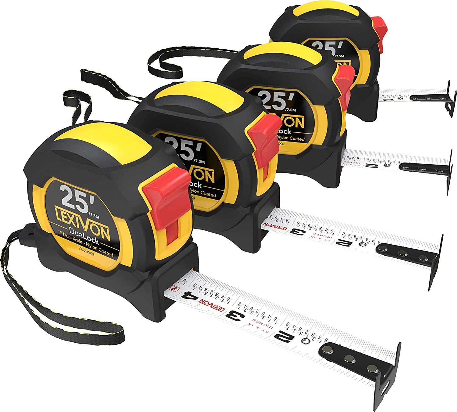 LEXIVON [4-Pack] 25Ft/7.5m DuaLock Tape Measure | 1-Inch Wide Blade with Nylon Coating, Matte Finish White & Yellow Dual Sided Rule Print | Ft/Inch/Fractions/Metric (LX-206X4)