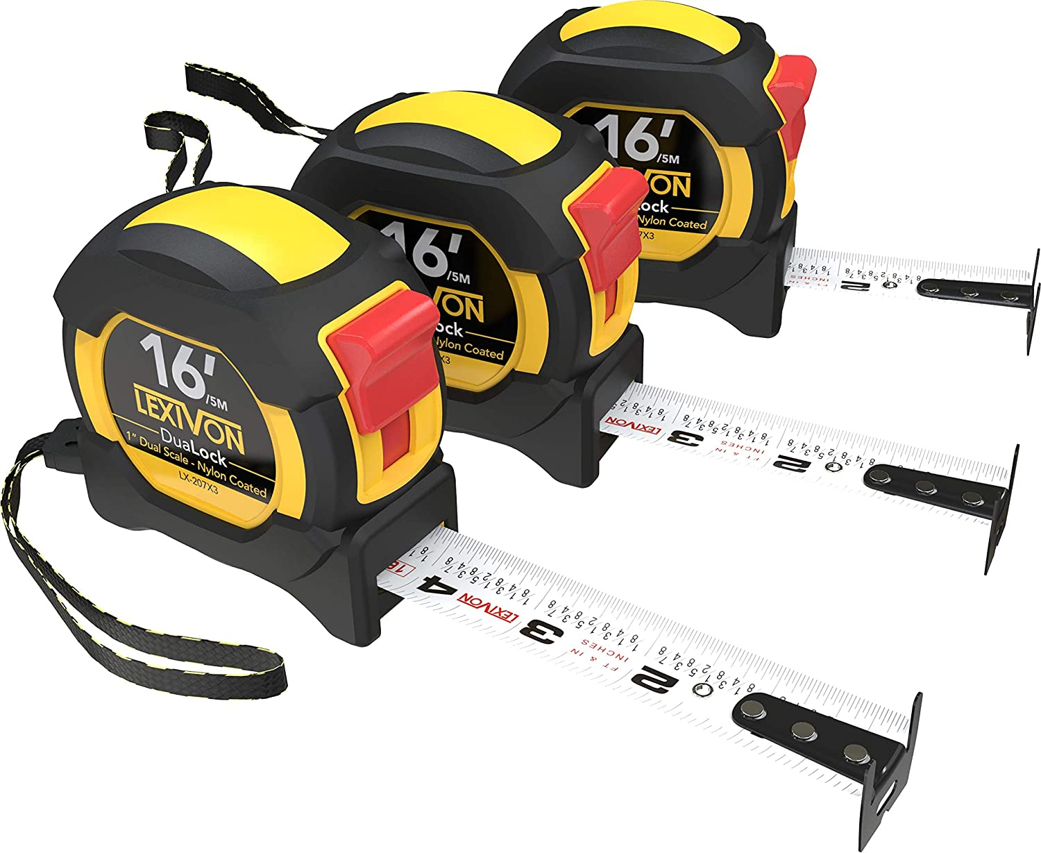 LEXIVON [3-Pack] 16Ft/5m DuaLock Tape Measure | 1-Inch Wide Blade with Nylon Coating, Matte Finish White & Yellow Dual Sided Rule Print | Ft/Inch/Fractions/Metric (LX-207X3)