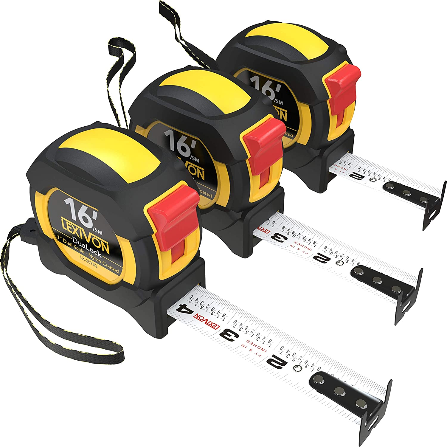 LEXIVON [3-Pack] 16Ft/5m DuaLock Tape Measure | 1-Inch Wide Blade with Nylon Coating, Matte Finish White & Yellow Dual Sided Rule Print | Ft/Inch/Fractions/Metric (LX-207X3)