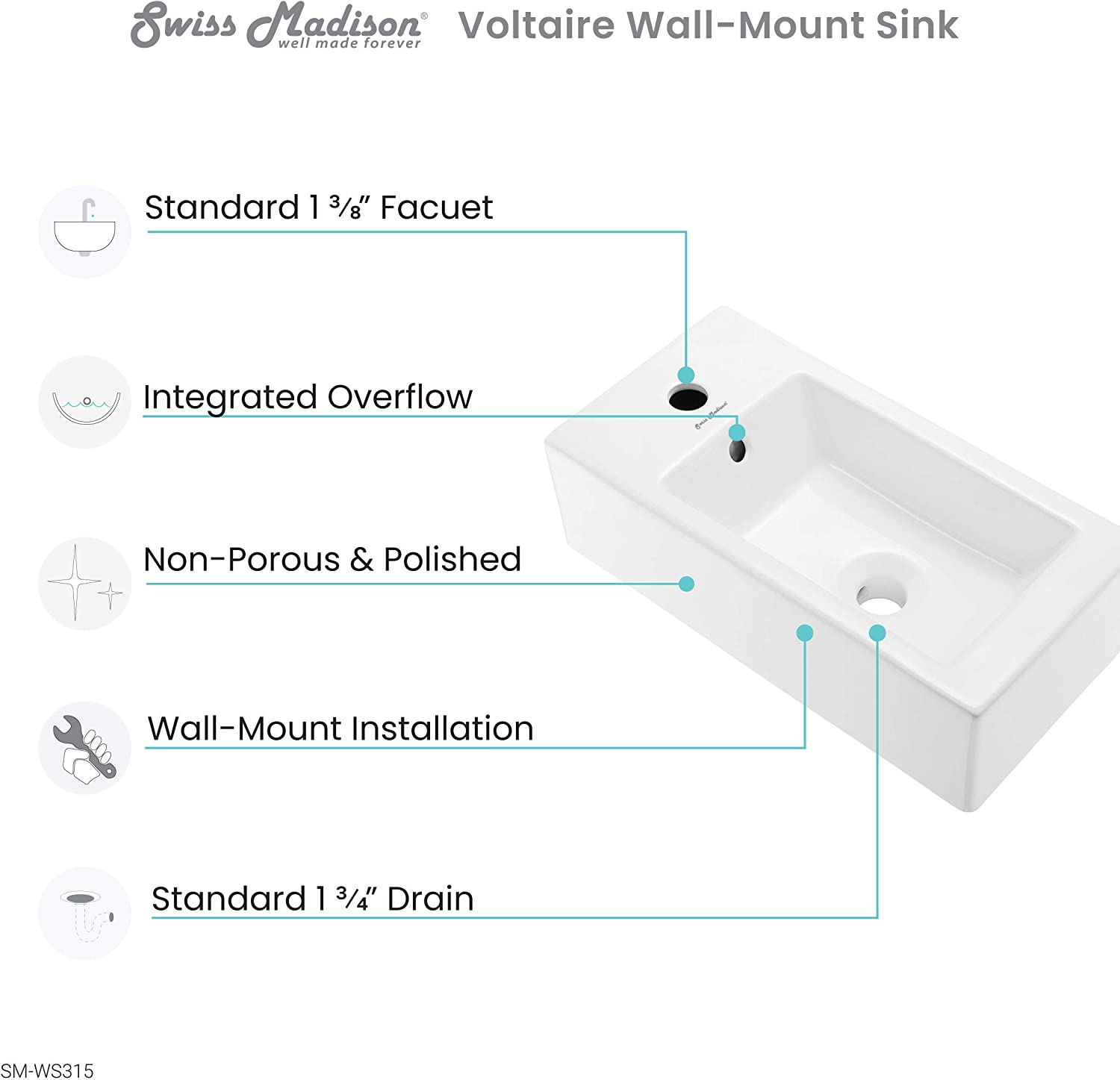 Voltaire 19.5 x 10 Rectangular Ceramic Wall Hung Sink with Left Side Faucet Mount