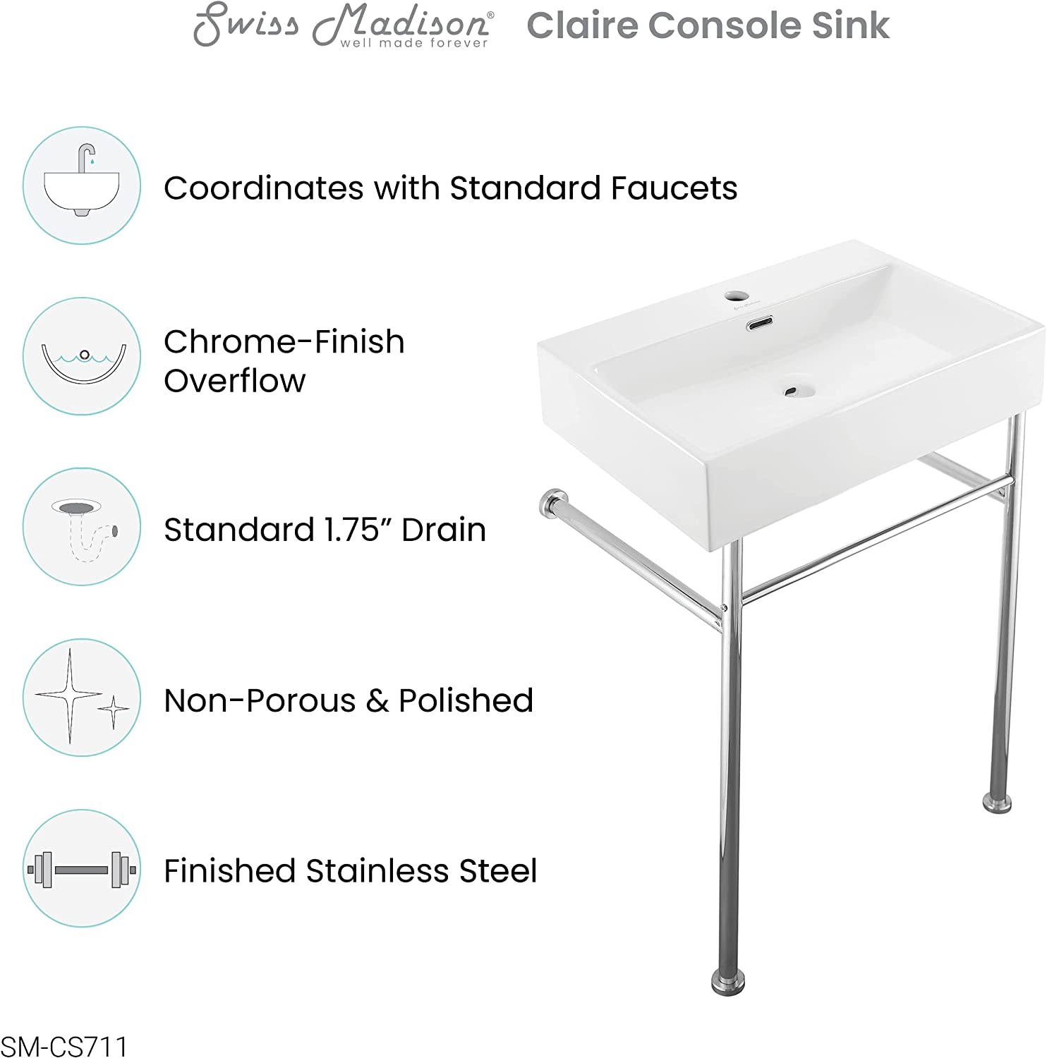 Claire 24 Ceramic Console Sink White Basin Chrome Legs