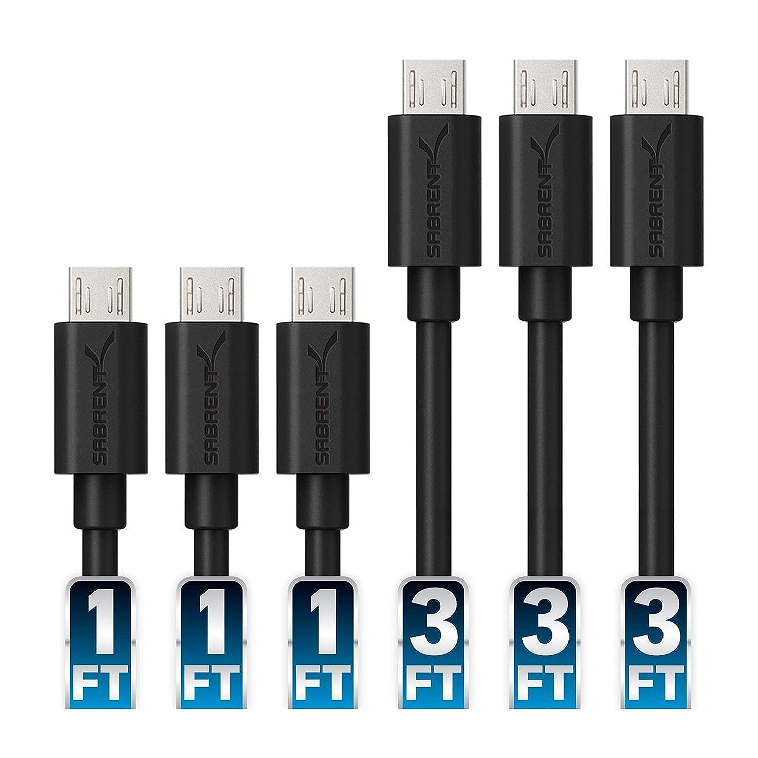 Sabrent [6-Pack] 22AWG Micro USB Cables (X3-3ft + X3-1ft) High Speed USB 2.0 A Male to Micro B Sync and Charge Cables [Black] (CB-U631)