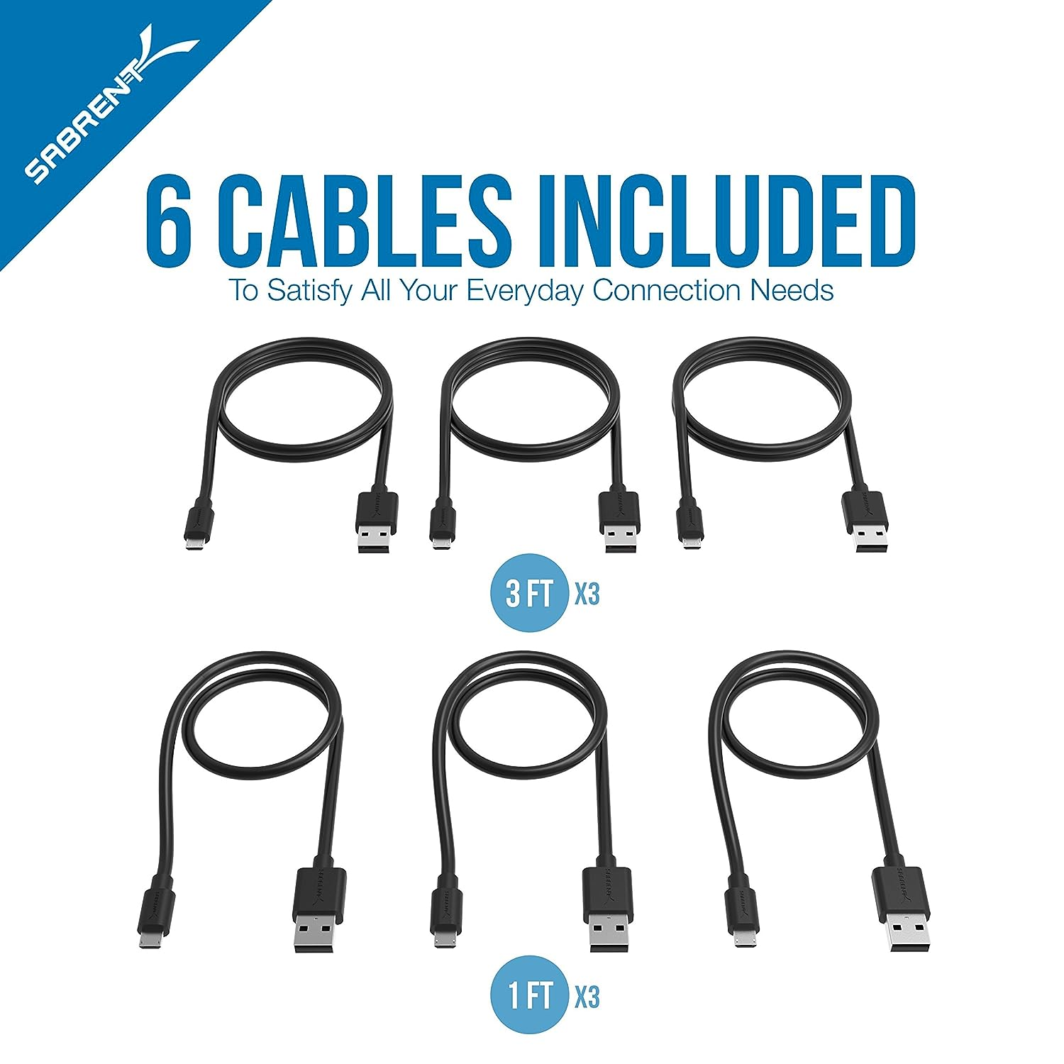 Sabrent [6-Pack] 22AWG Micro USB Cables (X3-3ft + X3-1ft) High Speed USB 2.0 A Male to Micro B Sync and Charge Cables [Black] (CB-U631)