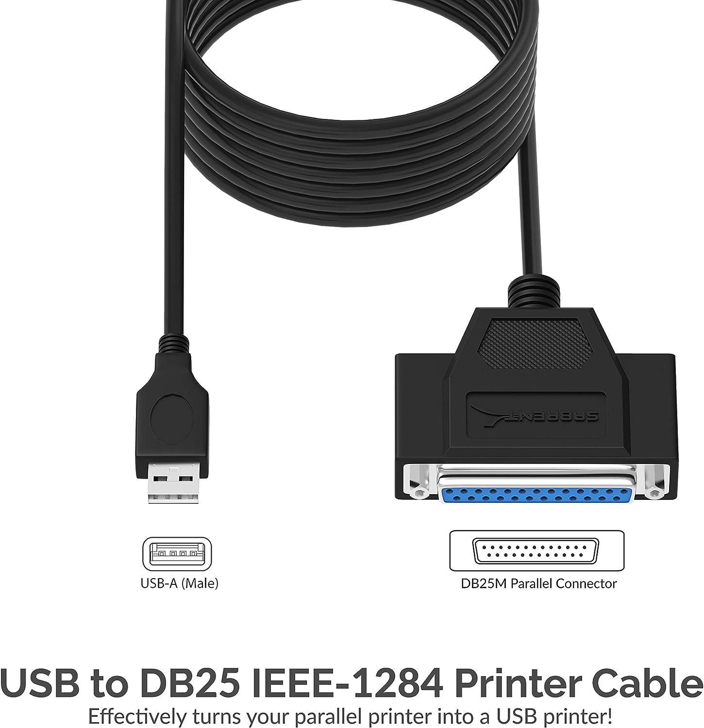 SABRENT USB 2.0 to DB25 IEEE 1284 Parallel Printer Cable Adapter [HEXNUT Connectors] (CB-1284)