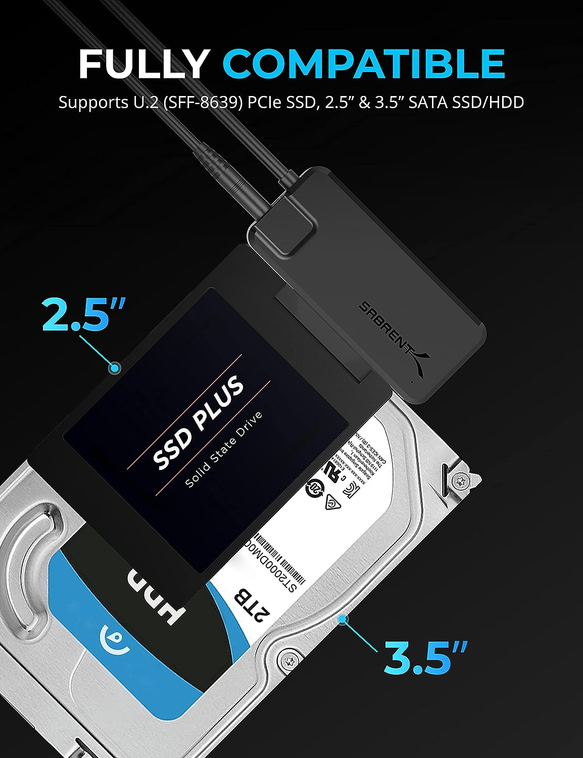 SABRENT USB 3.2 Type A to SATA/U.2 SSD Adapter Cable with 12V/2A Power Supply [EC-U2SA]