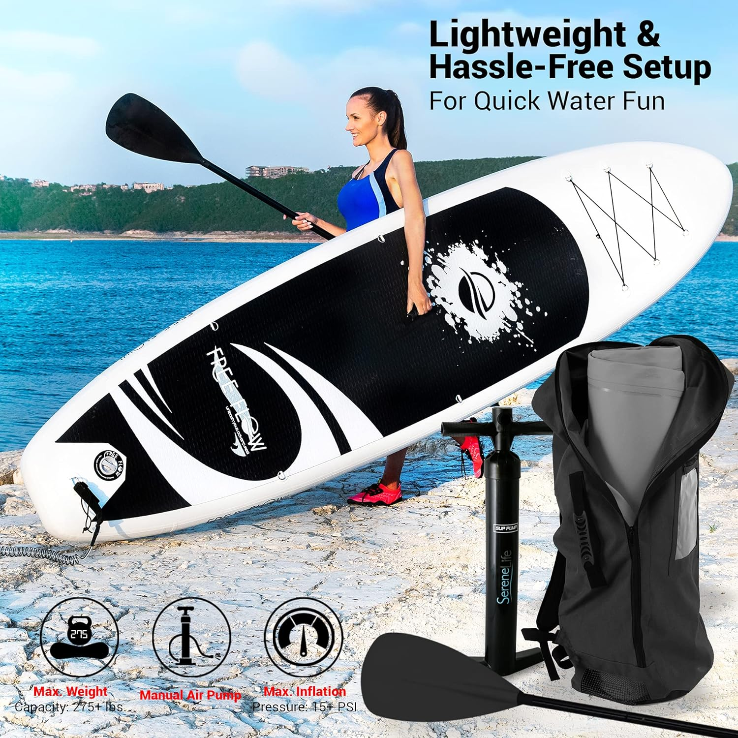 SereneLife Inflatable Stand Up Paddle Board (6 Inches Thick) with Premium SUP Accessories & Carry Bag | Wide Stance, Bottom Fin for Paddling, Surf Control, Non-Slip Deck | Youth & Adult Standing Boat