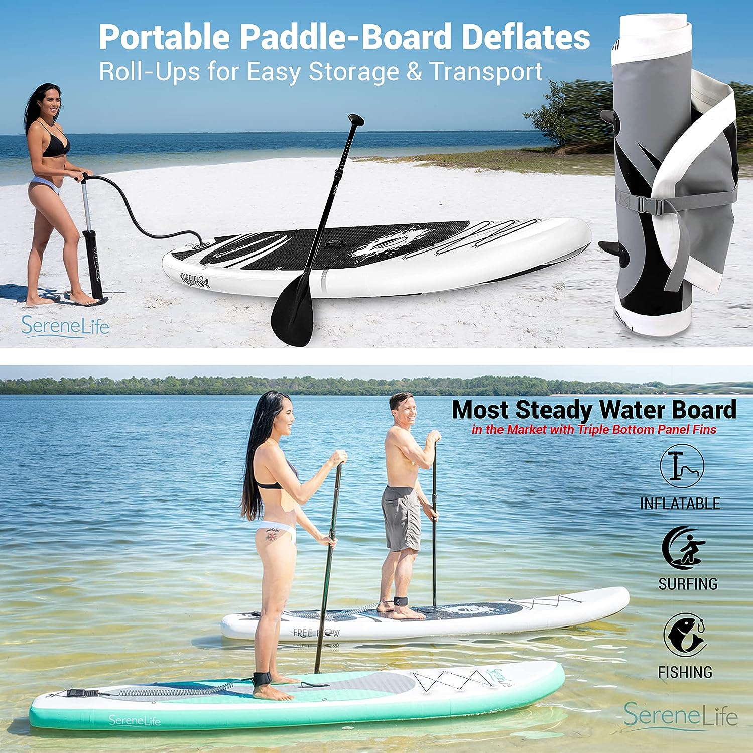 SereneLife Inflatable Stand Up Paddle Board (6 Inches Thick) with Premium SUP Accessories & Carry Bag | Wide Stance, Bottom Fin for Paddling, Surf Control, Non-Slip Deck | Youth & Adult Standing Boat