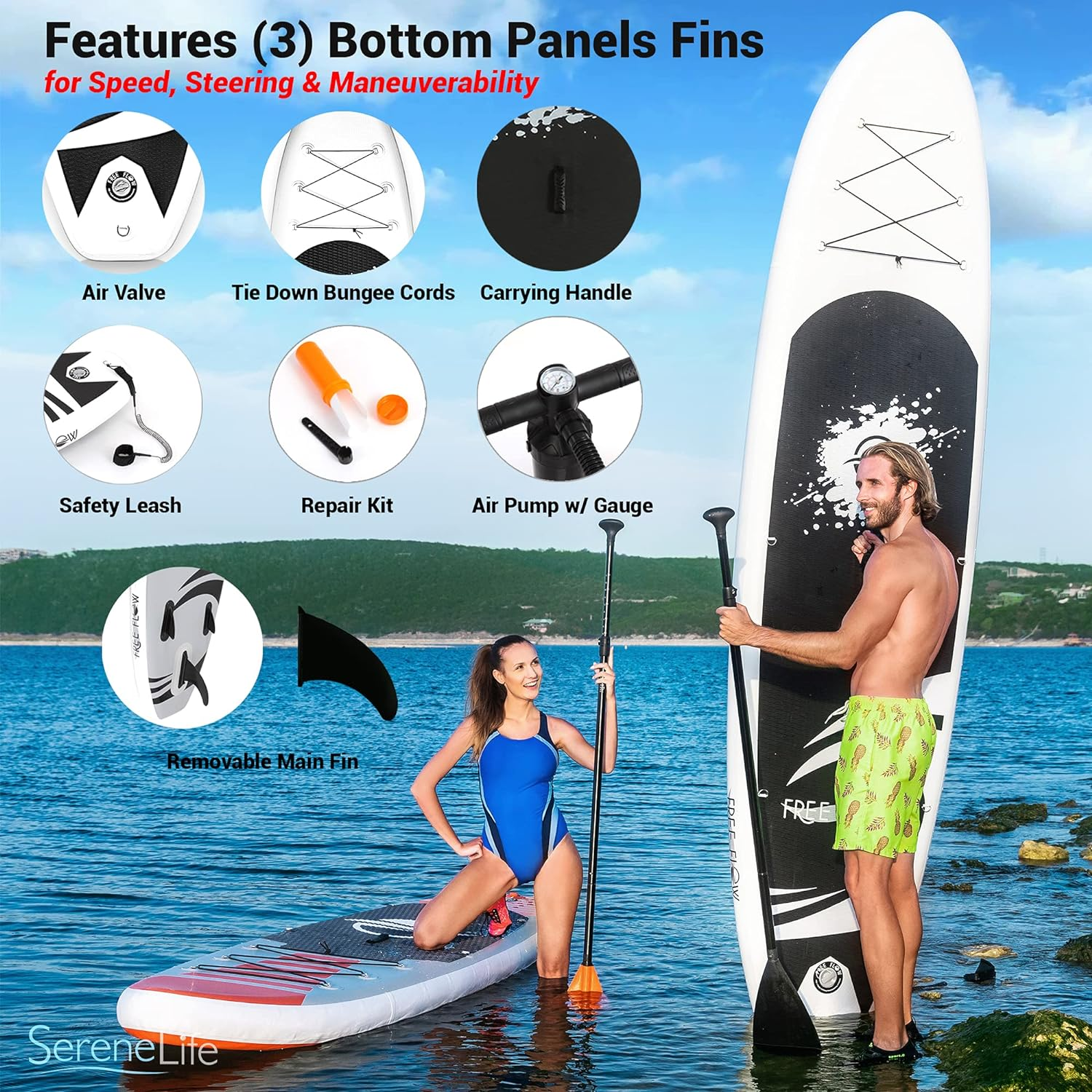 SereneLife Inflatable Stand Up Paddle Board (6 Inches Thick) with Premium SUP Accessories & Carry Bag | Wide Stance, Bottom Fin for Paddling, Surf Control, Non-Slip Deck | Youth & Adult Standing Boat