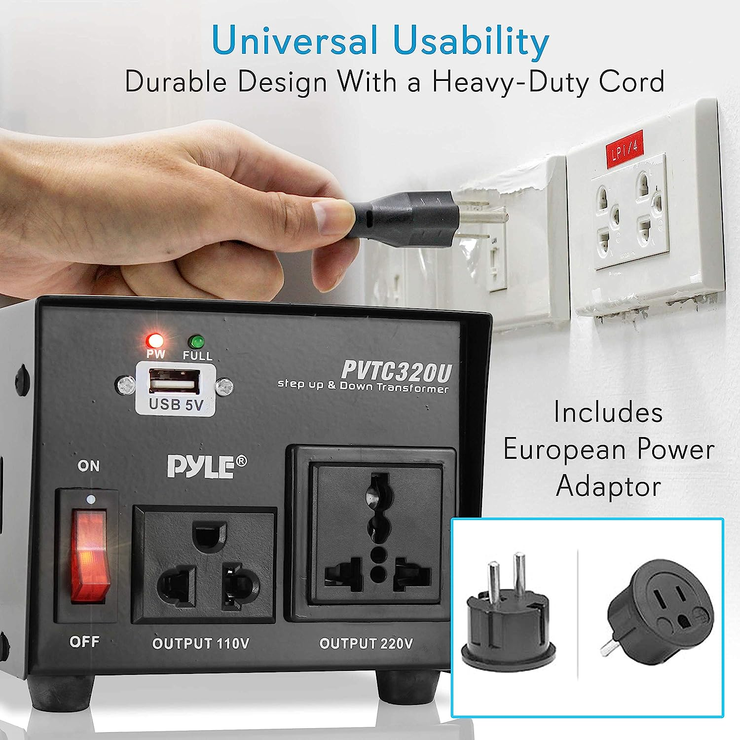 Pyle Step Up and Down Converter - 500 Watt Voltage Converter Transformer w/ USB Charging Port, UK Power Adapter, AC 110 / 120 to 220 / 240 Volt Vice Versa, 110V/120V/220V/240V Input Voltage-PVTC320U