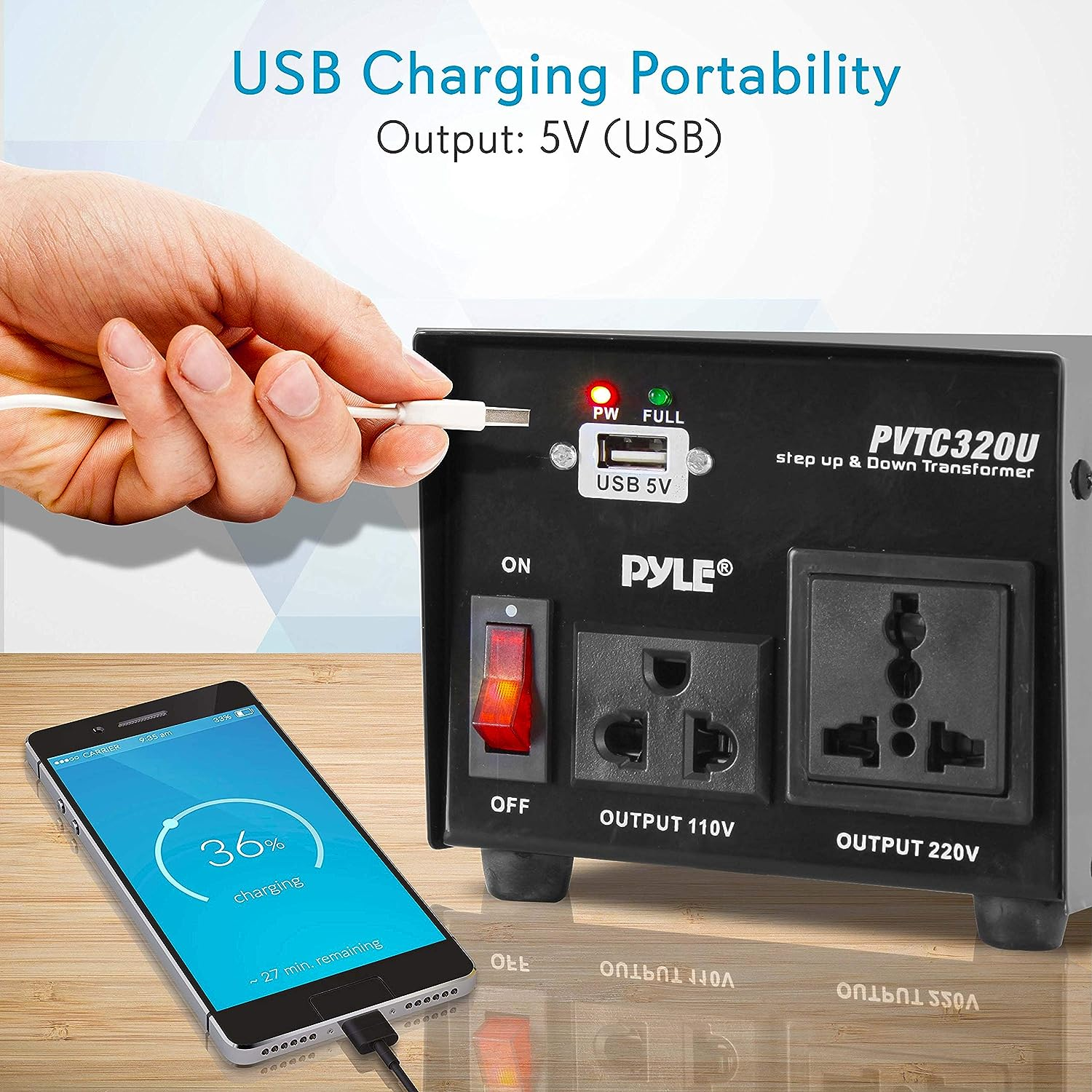Pyle Step Up and Down Converter - 500 Watt Voltage Converter Transformer w/ USB Charging Port, UK Power Adapter, AC 110 / 120 to 220 / 240 Volt Vice Versa, 110V/120V/220V/240V Input Voltage-PVTC320U