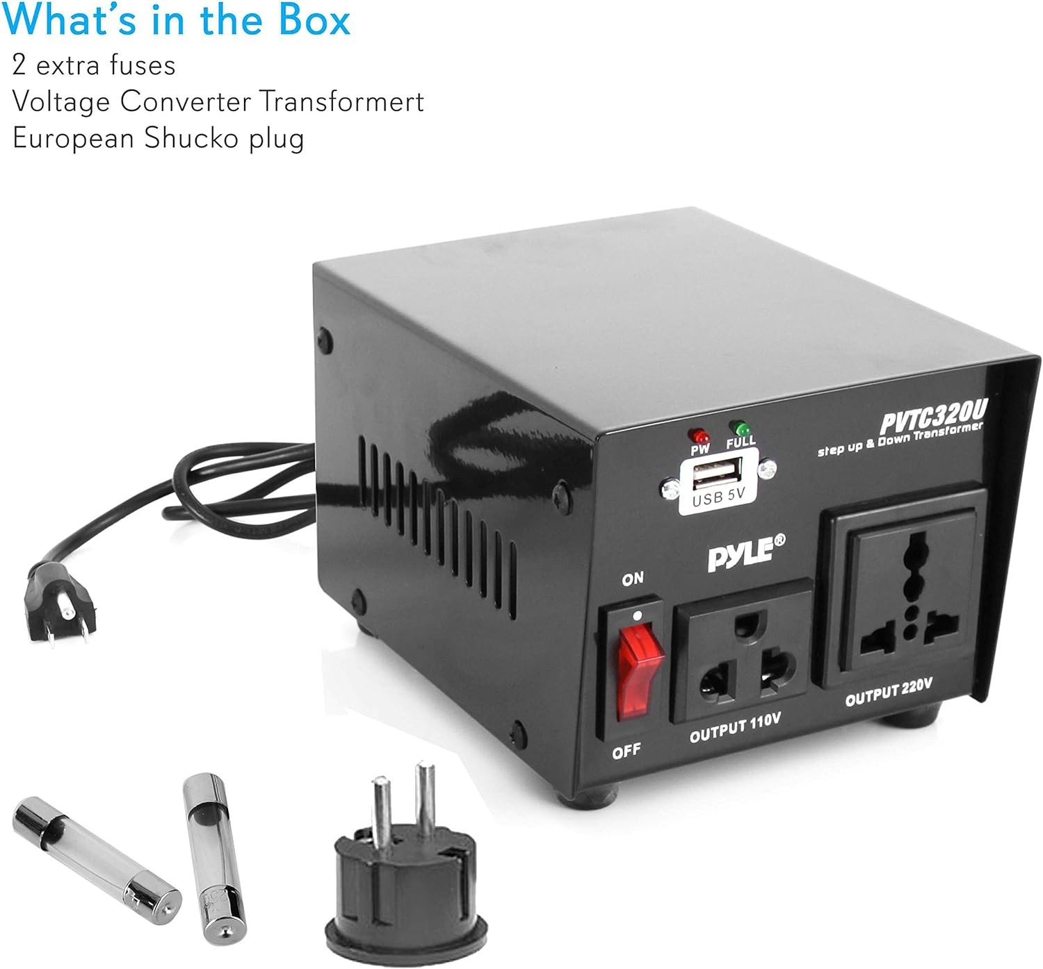 Pyle Step Up and Down Converter - 500 Watt Voltage Converter Transformer w/ USB Charging Port, UK Power Adapter, AC 110 / 120 to 220 / 240 Volt Vice Versa, 110V/120V/220V/240V Input Voltage-PVTC320U