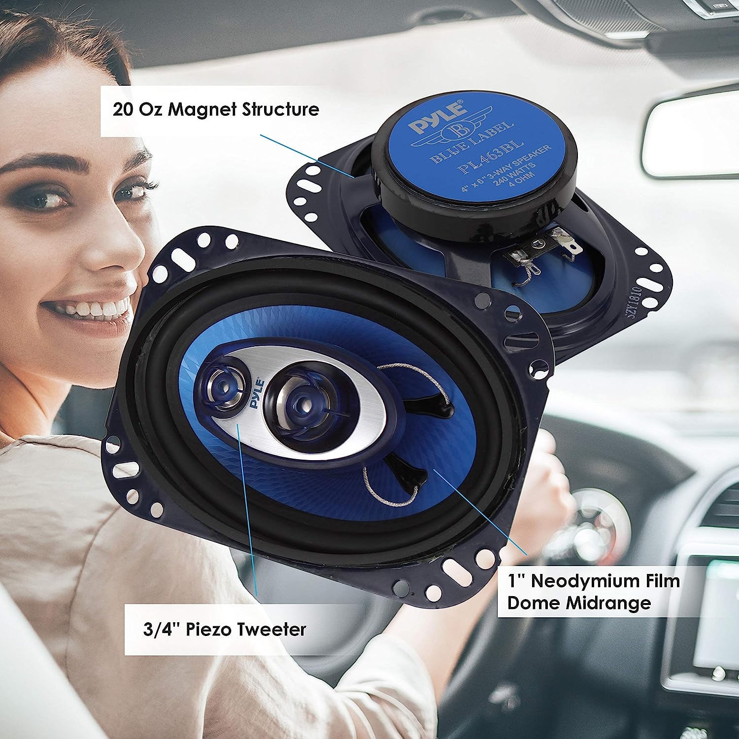 Pyle 4'' x 6'' Three Way Sound Speaker System - Pro Mid Range Triaxial Loud Audio 240 Watt per Pair w/ 4 Ohm Impedance and 3/4'' Piezo Tweeter for Car Component Stereo PL463BL