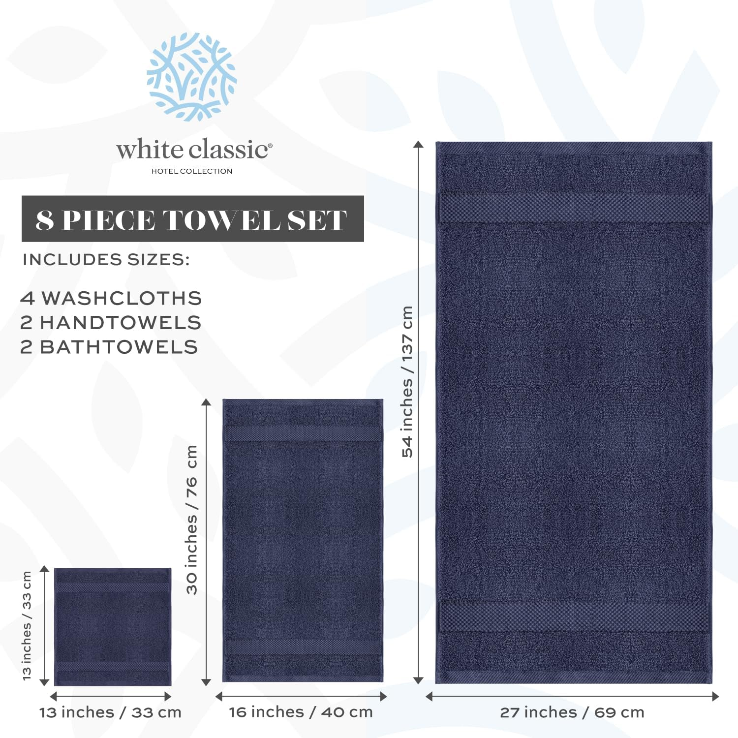 White Classic Luxury Silver Bath Towel Set - Hotel Soft Cotton 2/Bath 2/Hand 4/Wash - 8 Piece