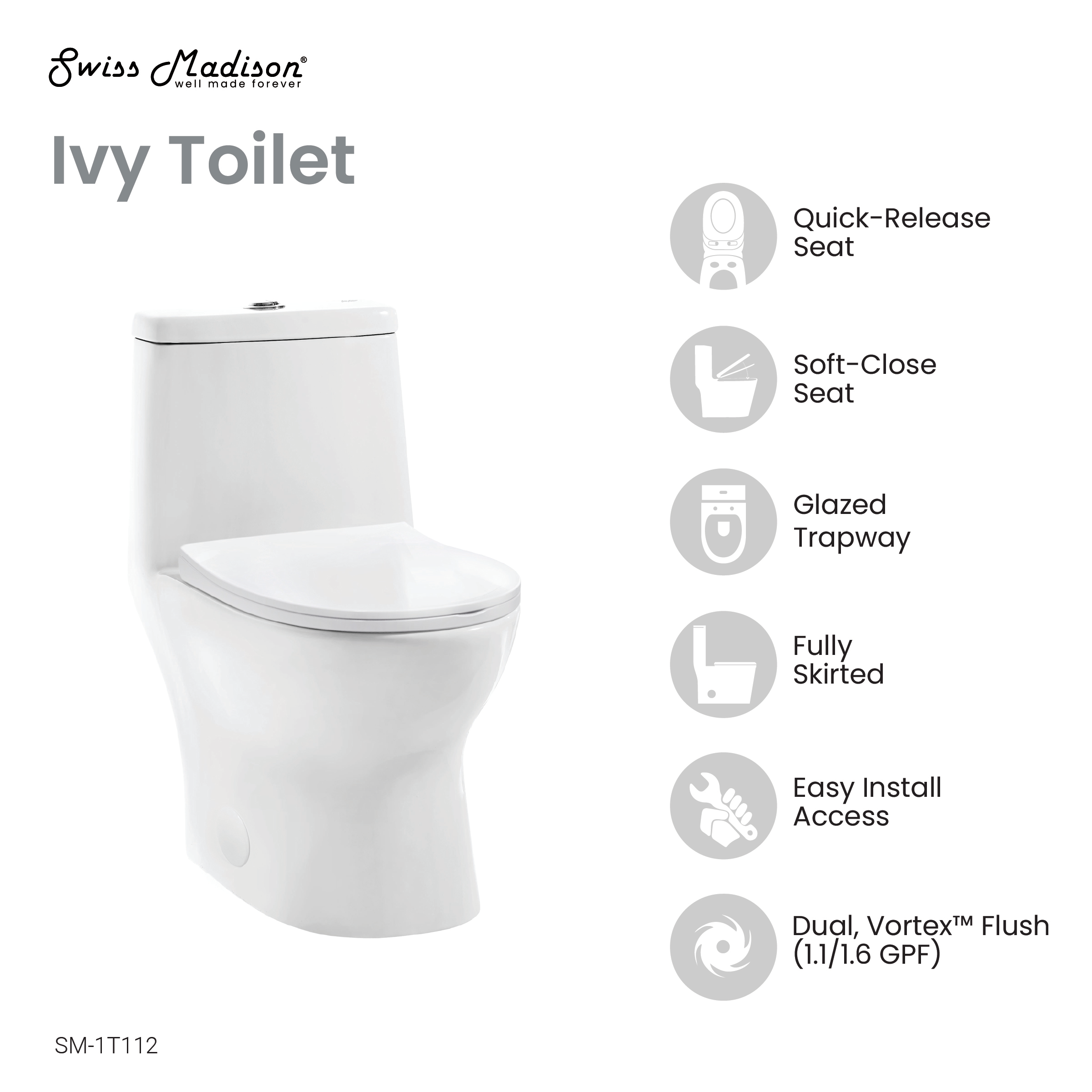 Ivy One-Piece Elongated Toilet Vortex Dual-Flush 1.1/1.6 gpf