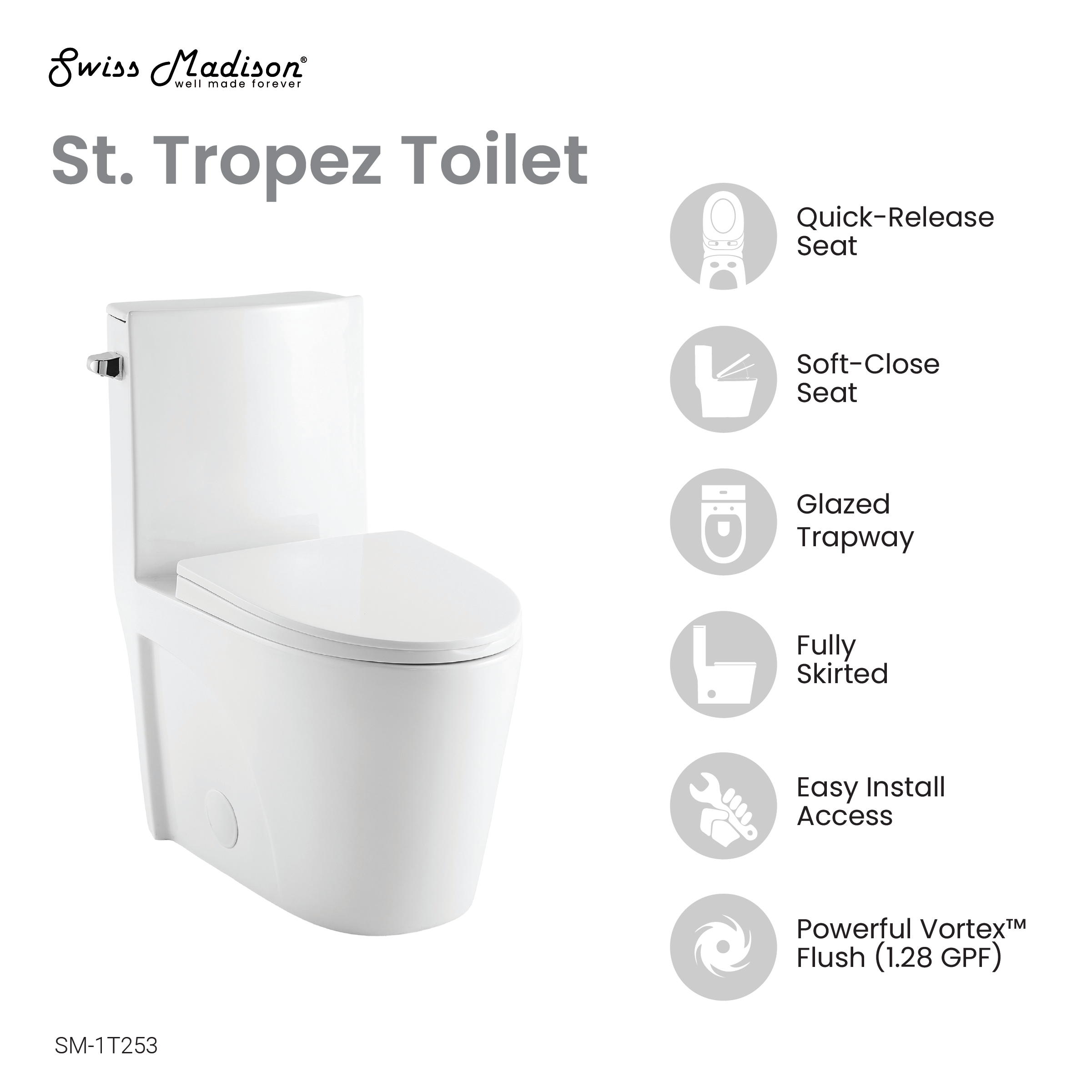 St. Tropez One-Piece Elongated Toilet Side Flush 1.28 gpf