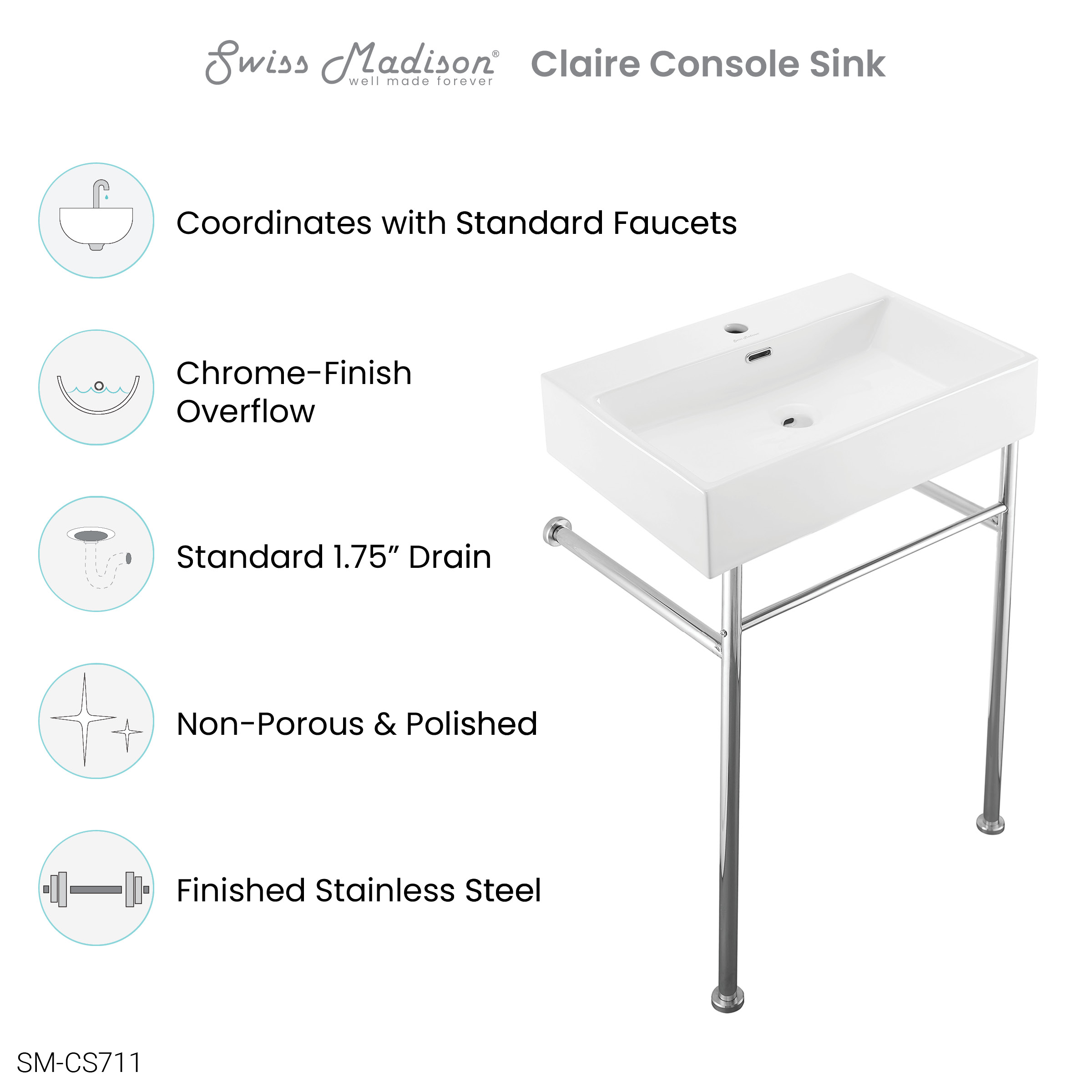 Claire 24 Ceramic Console Sink White Basin Chrome Legs