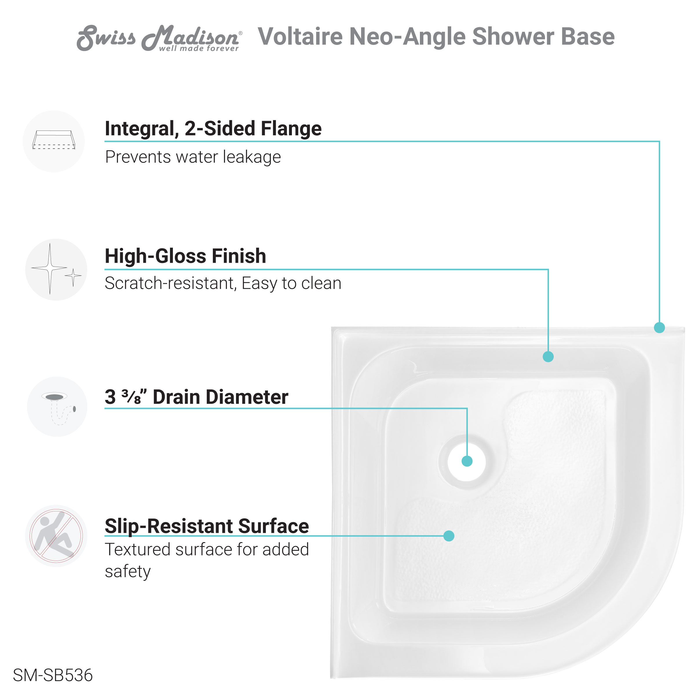 Voltaire 32" x 32" Acrylic White, Single-Threshold, Center Drain, Neo-angle Shower Base