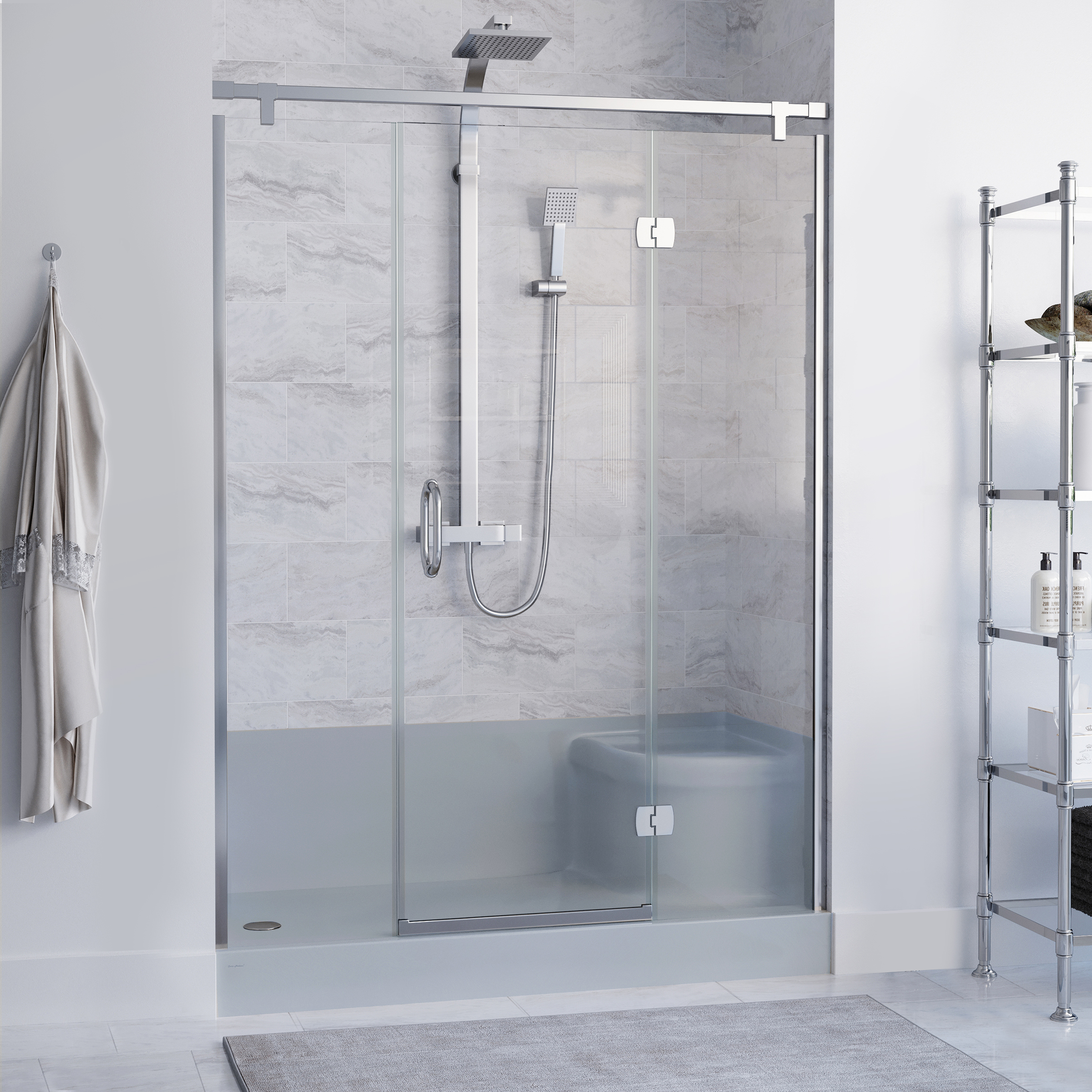 Aquatique 60" x 32" Single Threshold Shower Base With Left Hand Drain and Integral Right Hand Seat in Grey